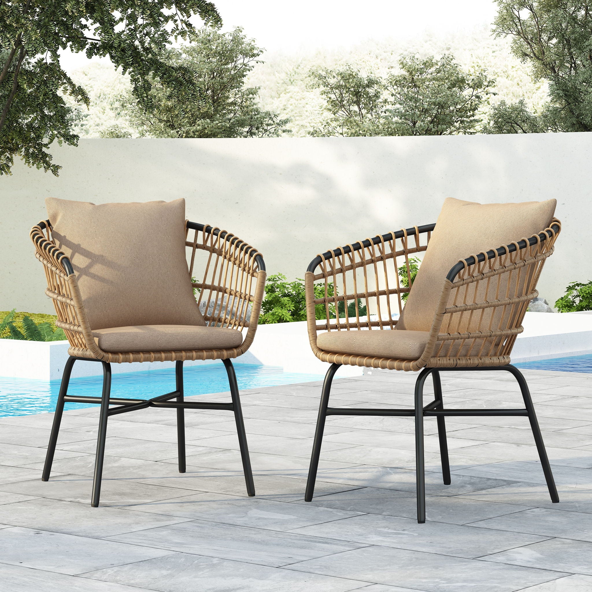 Contemporary Outdoor Patio Chairs With Cushions (Set of 2) - Beige / Black