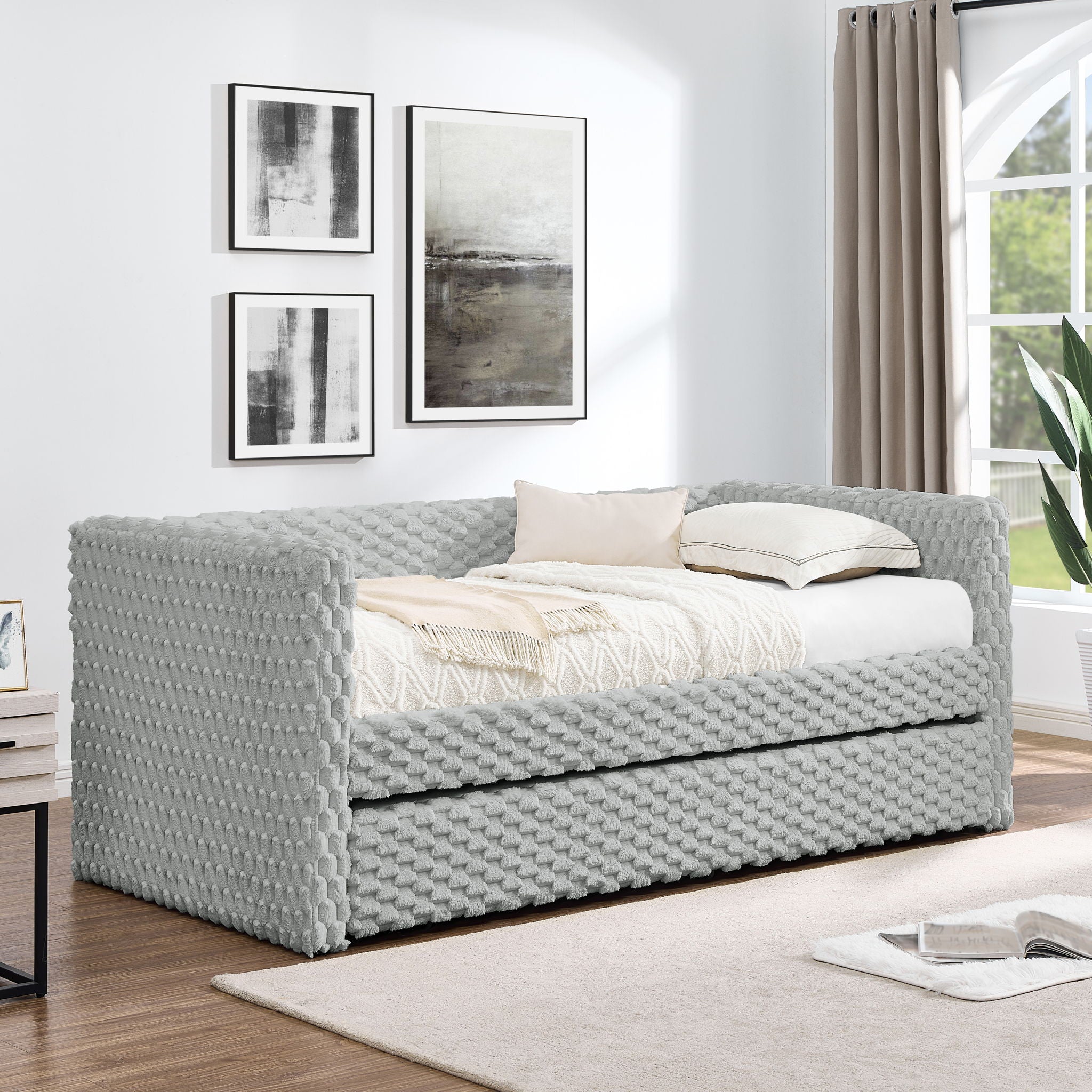 Modern Twin Size Daybed Upholstered Sofa Bed With Pull Out Feature - Dark Gray