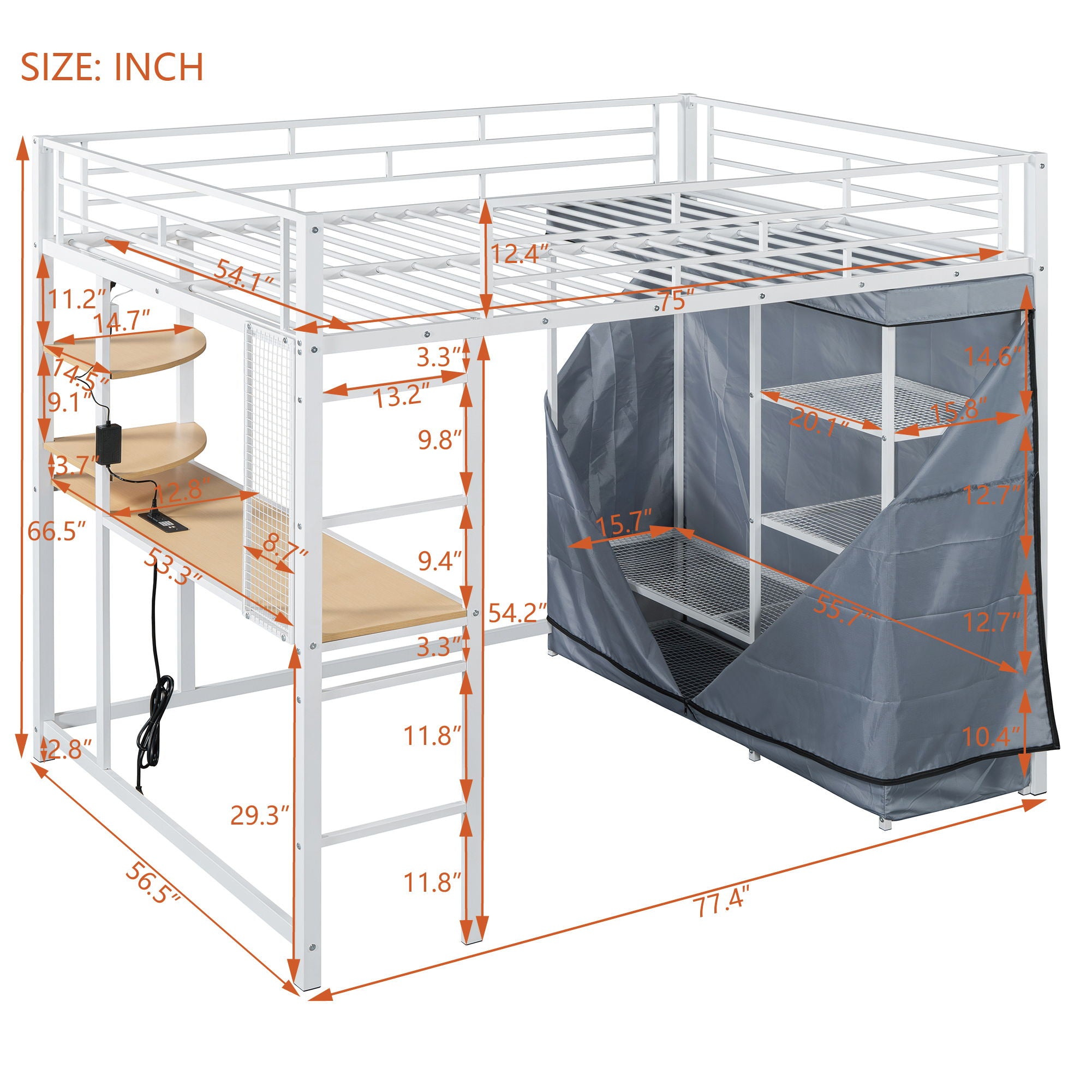 Loft Bed With Desk, Shelves, Power Outlet, LED Light And Wardrobe