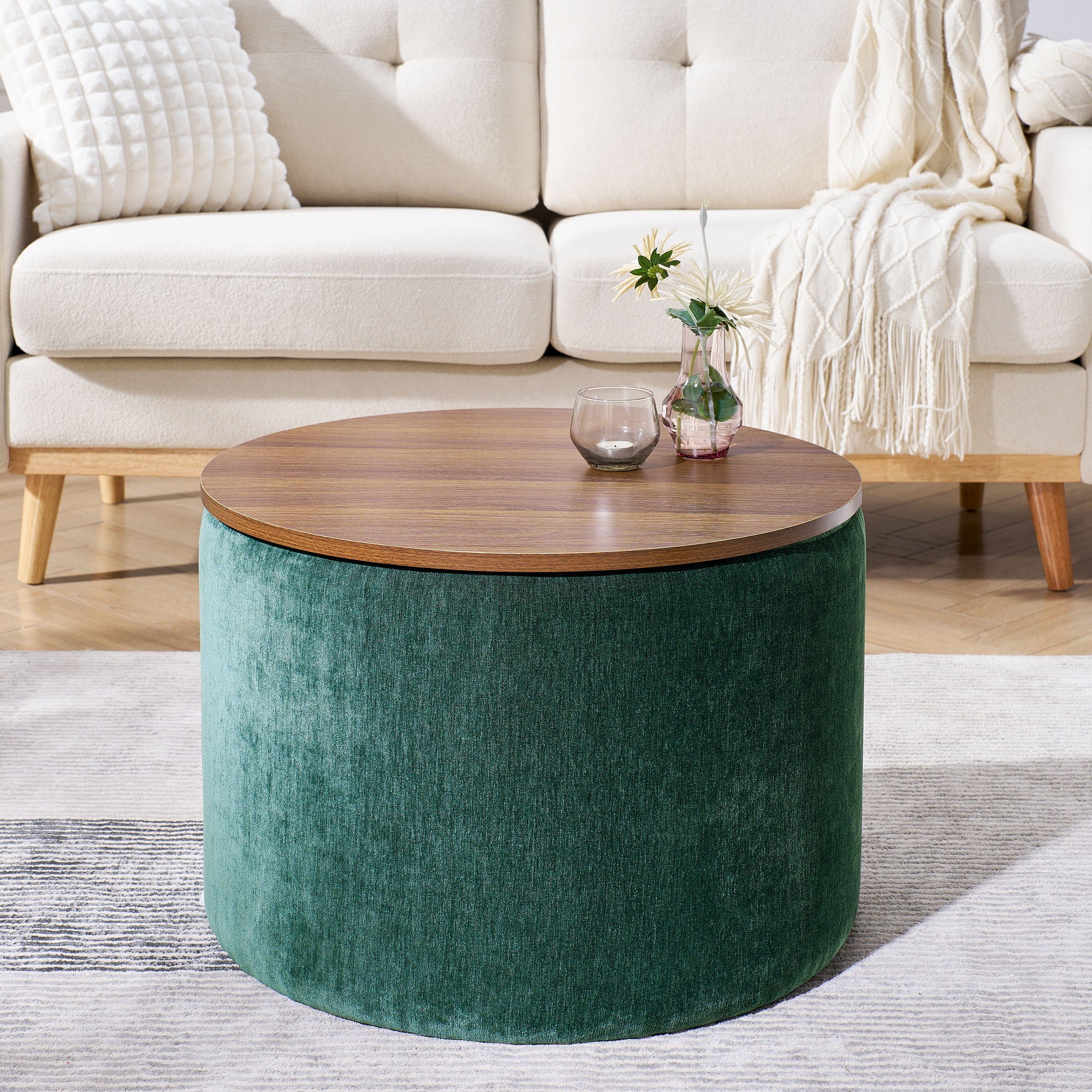 Classic 2 Piece Round Storage Ottoman Set With Drum Shaped Stool