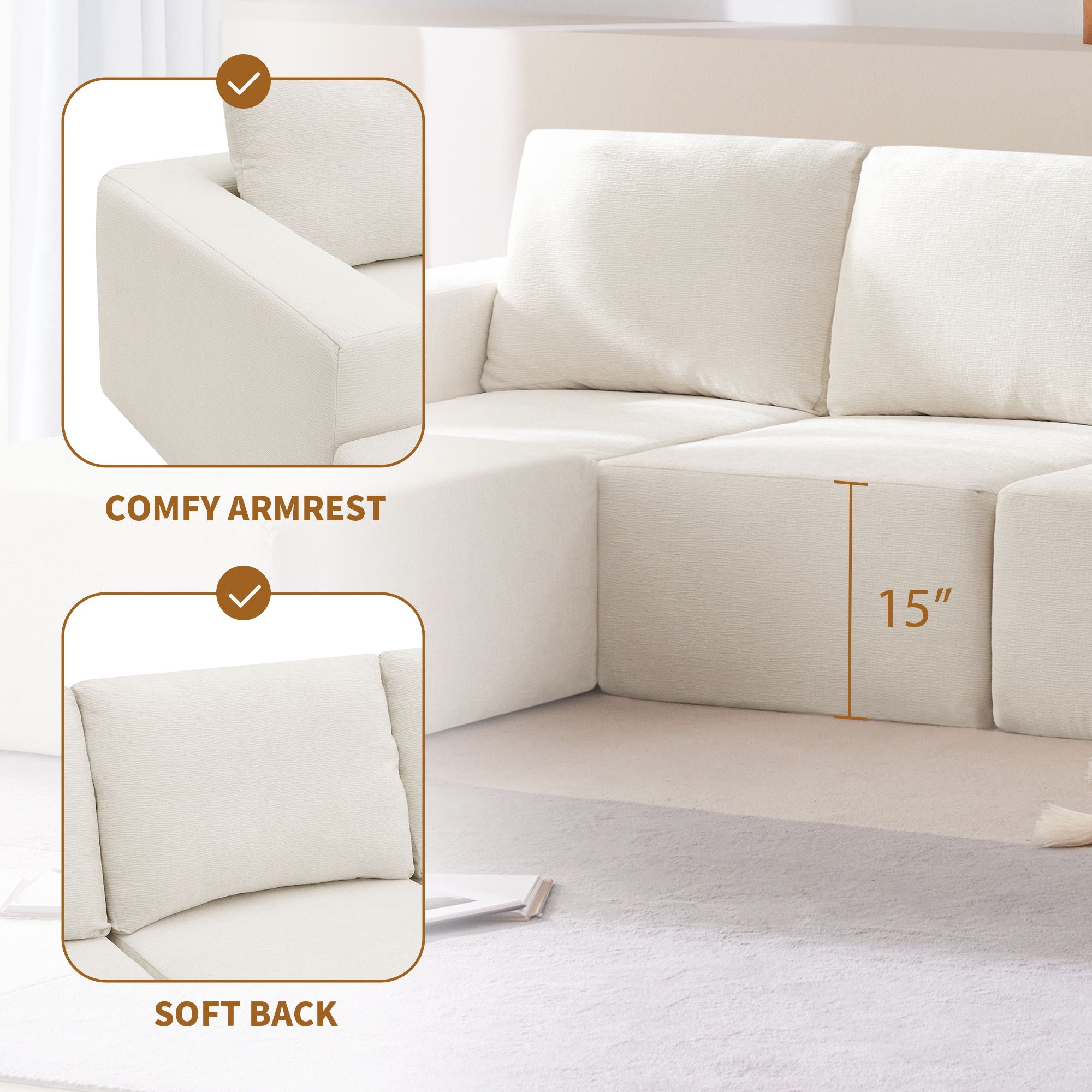 Modular U Shaped Sectional With Ottomans, Luxury Cloud Floor Couch With Deep Seat Fully Compressed Upholstered Sofa