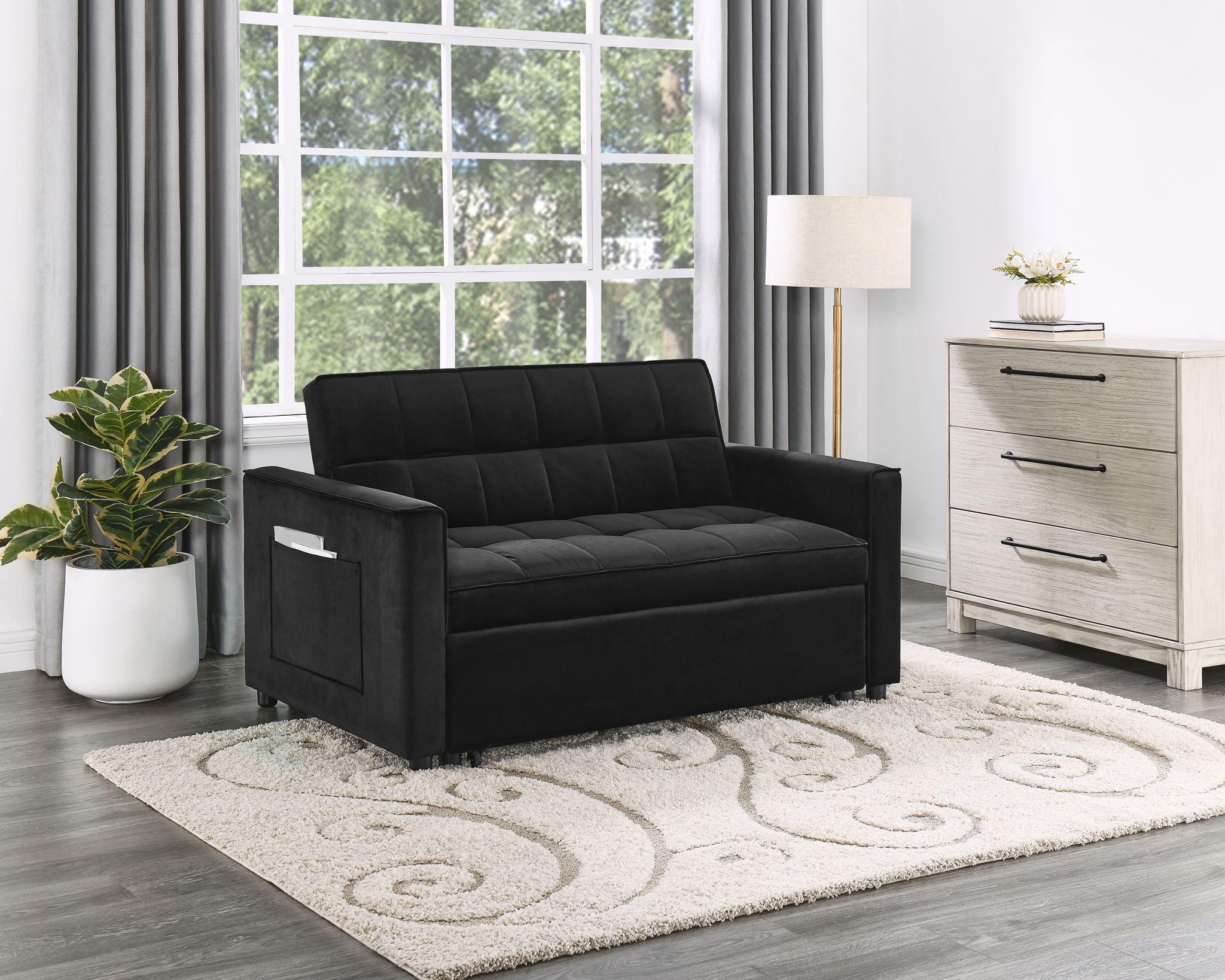 Maeve - Velvet Convertible Sleeper Loveseat With Tufting and Side Pocket - Black