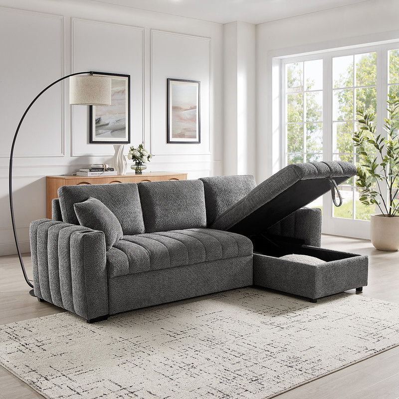 Seraphina 101"W Gray Chenille Fabric Reversible Sleeper Sectional Sofa with Storage Chaise, Cupholders, USB Charging Port, and Throw Pillows