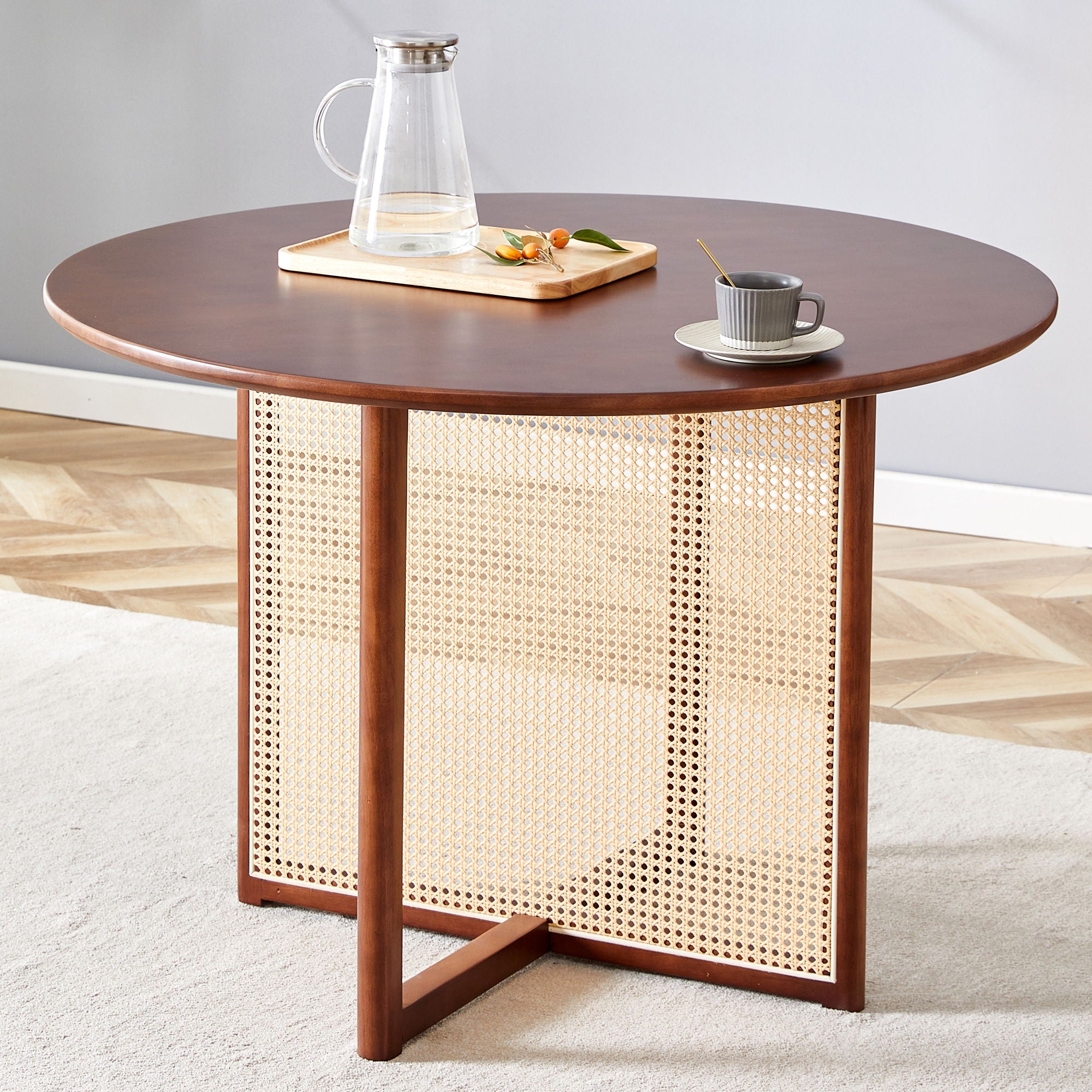 Retro Round Table With Imitation Rattan Rubber Wood - Walnut