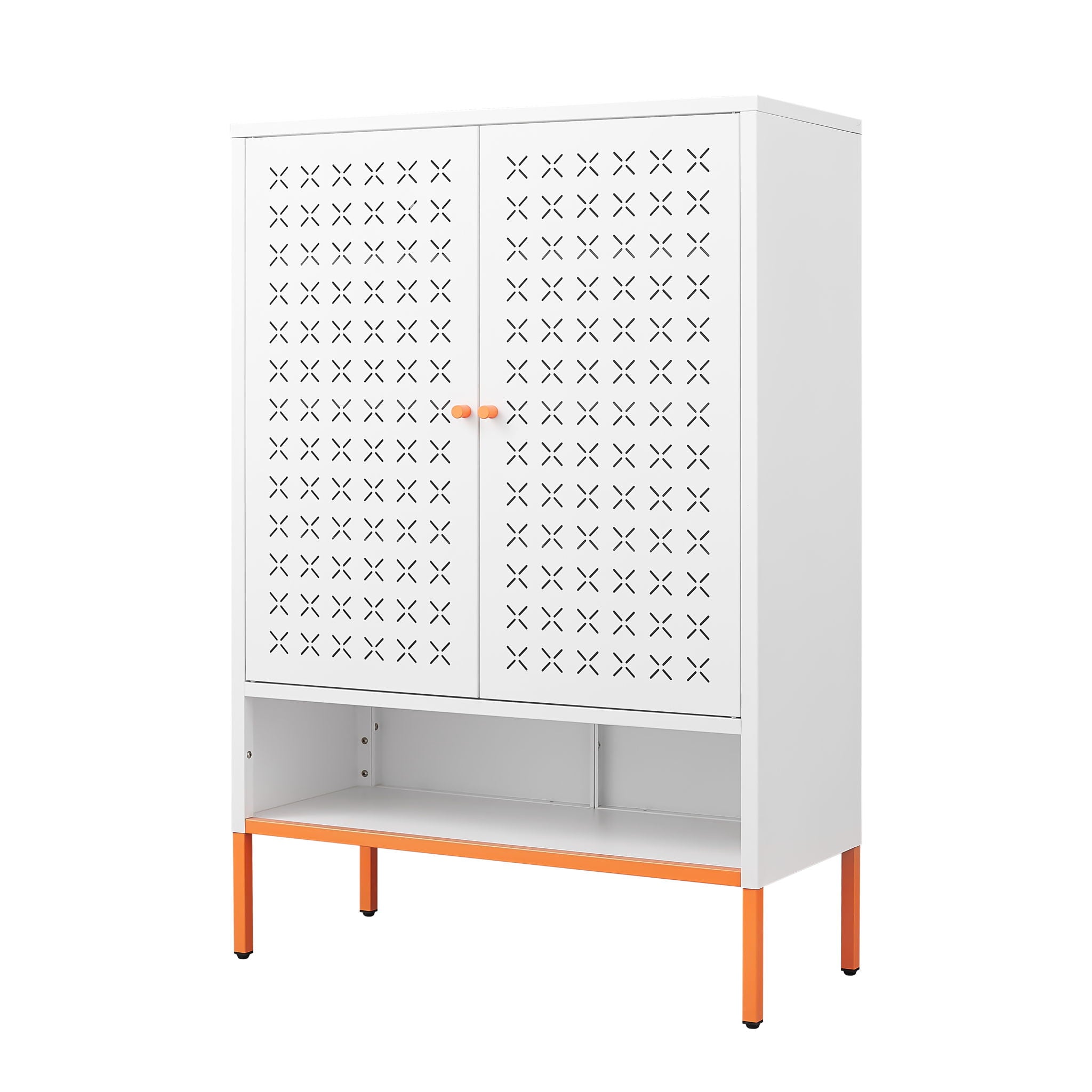 Grid Double Door Shoe Cabinet With Adjustable Compartments And Moisture-Proof Design In White Metal