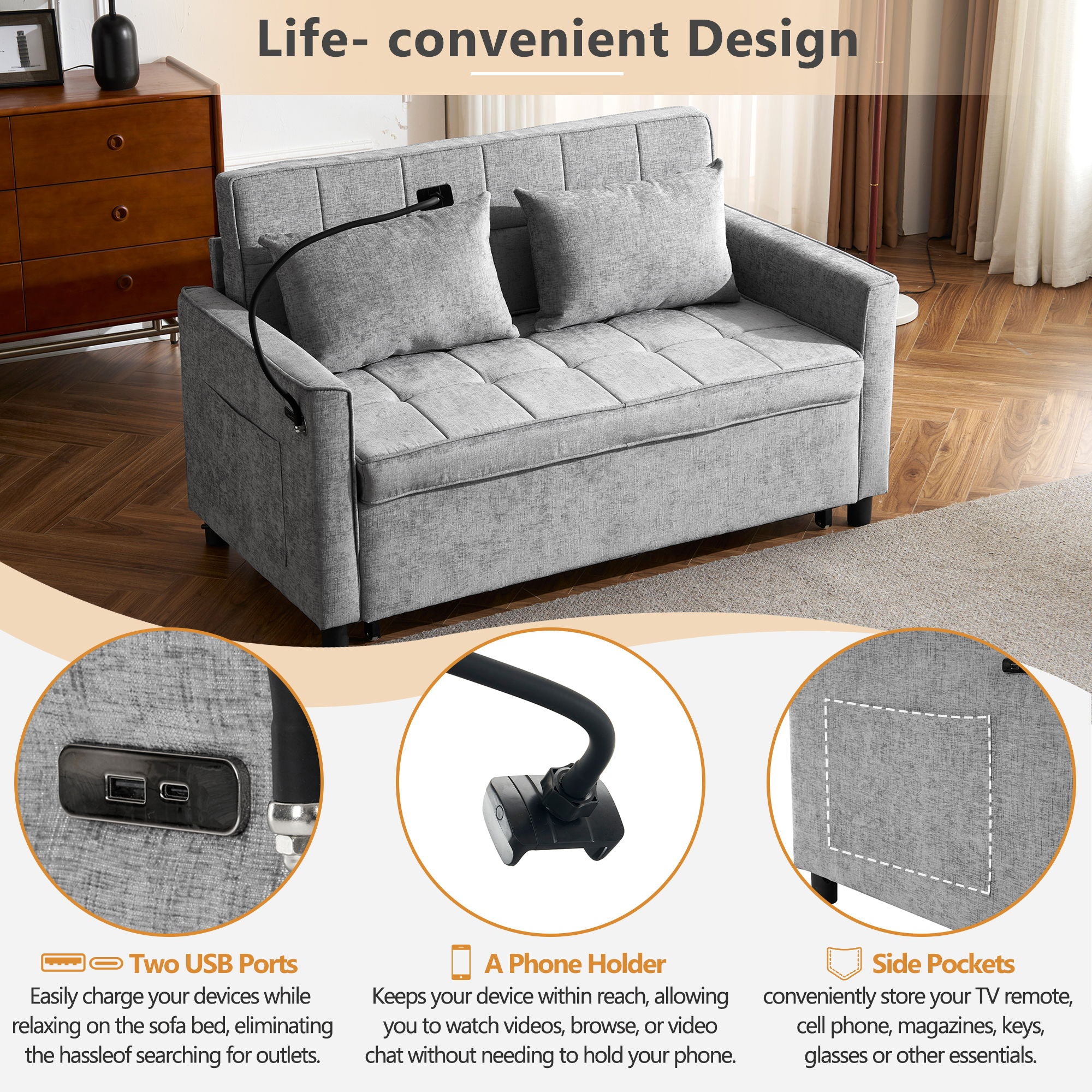 Pull-Out Sleeper Sofa With Reversible Backrest Cushion, Side Pockets, 2 USB Ports And A Phone Holder For Living Room
