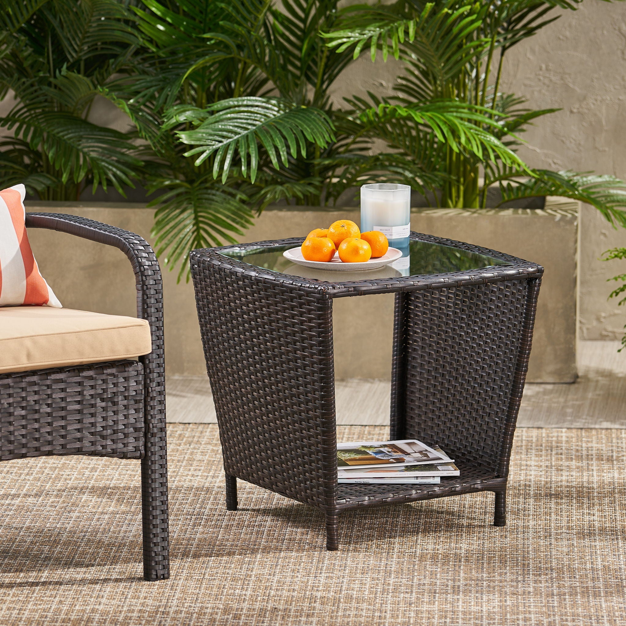 Trenton - Outdoor Side Table With Glass Top - Brown Rattan