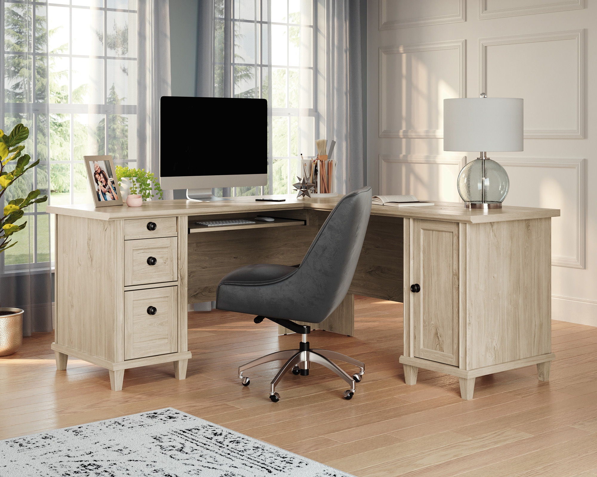 Chalk Oak L-Shaped Desk with Cord Management
