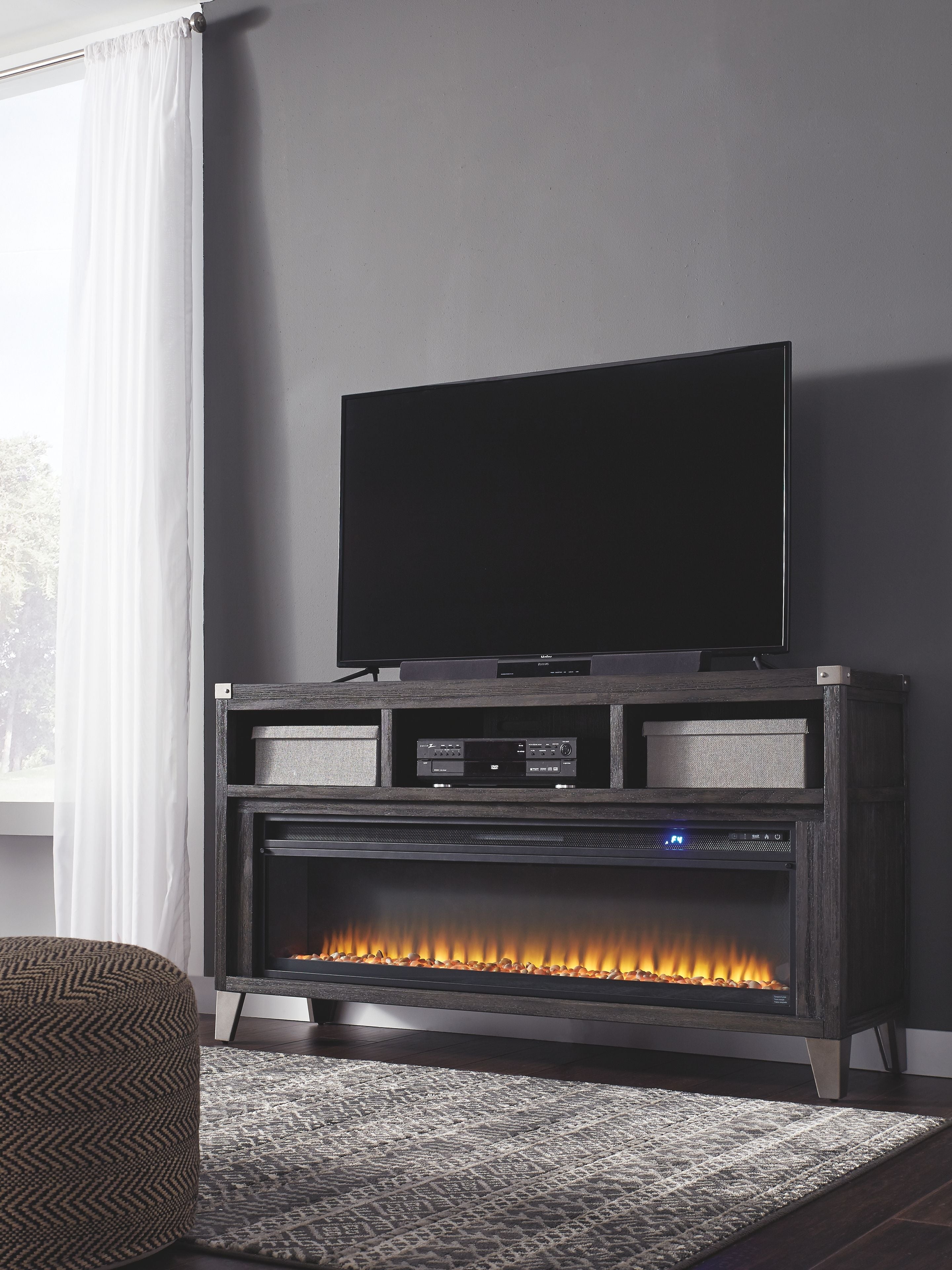 Signature Design by Ashley® Todoe - Gray - 2 Pc. - 65" TV Stand With Wide Fireplace Insert | Meri Furniture