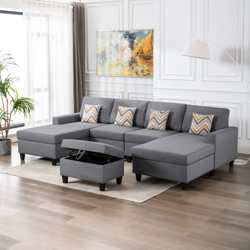 Nolan 124"W Gray Linen Fabric 5Pc Double Chaise Sectional Sofa with Interchangeable Legs, Storage Ottoman, and Pillows