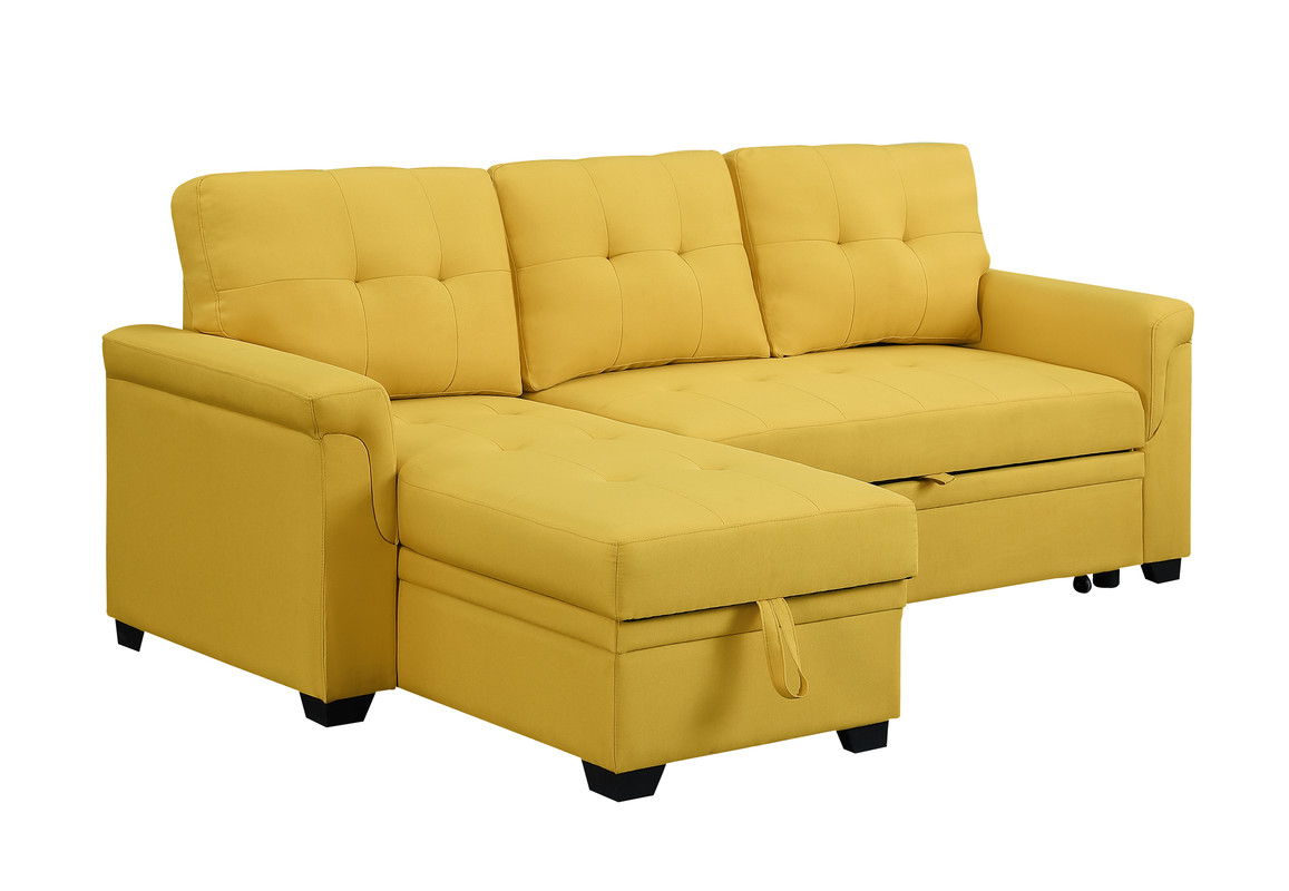 Lucca 84"W Yellow Linen Reversible Sleeper Sectional Sofa with Storage Chaise