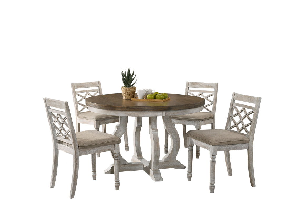 Havanna Vintage Walnut 5 Piece 47" Contemporary Round Dining Table Set with Off White Fabric Chairs