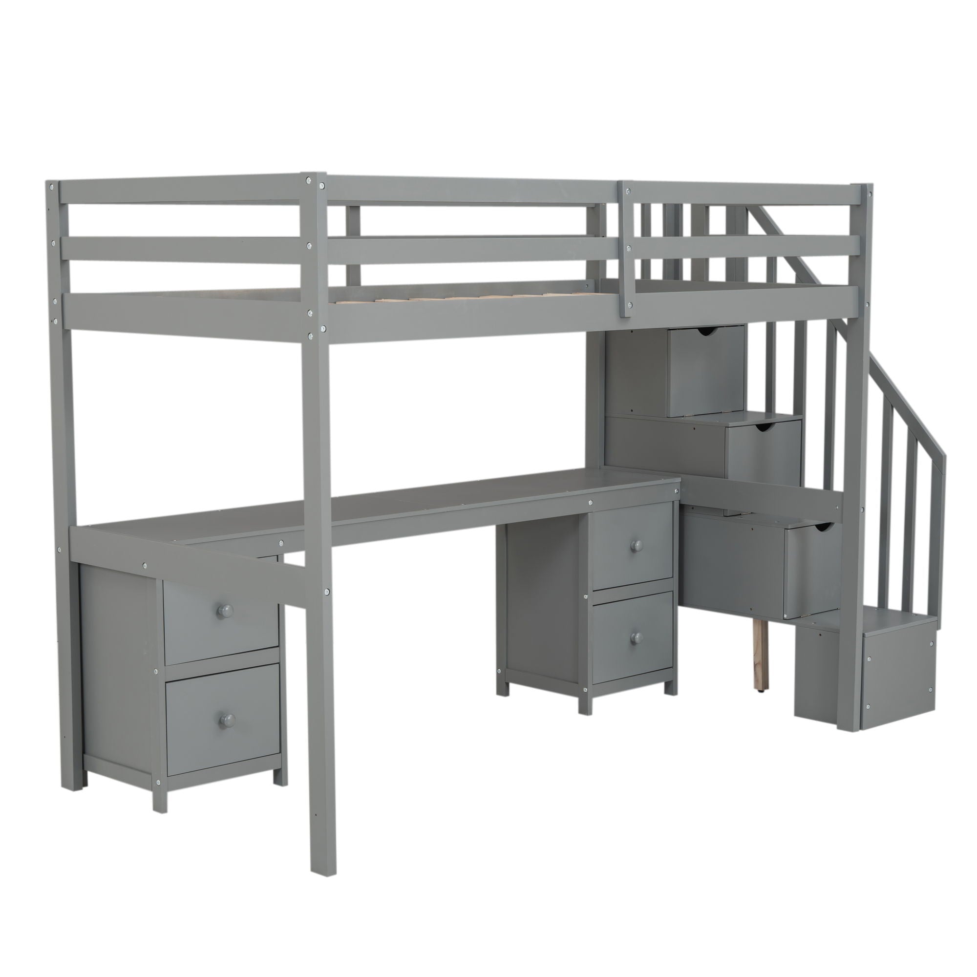 Loft Bed Frame With Built In Desk And Double Storage Drawers