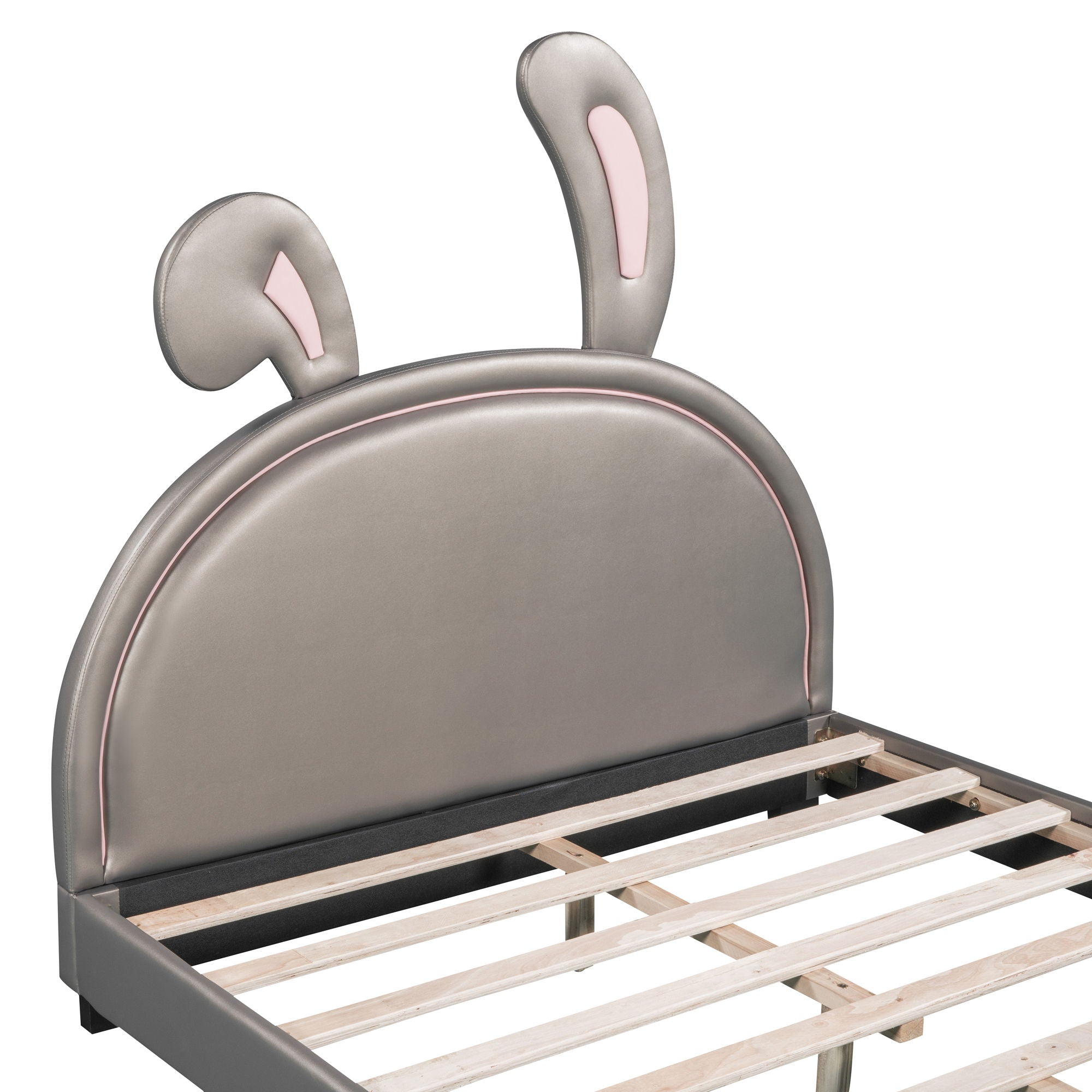 Upholstered Leather Platform Bed With Rabbit Ornament