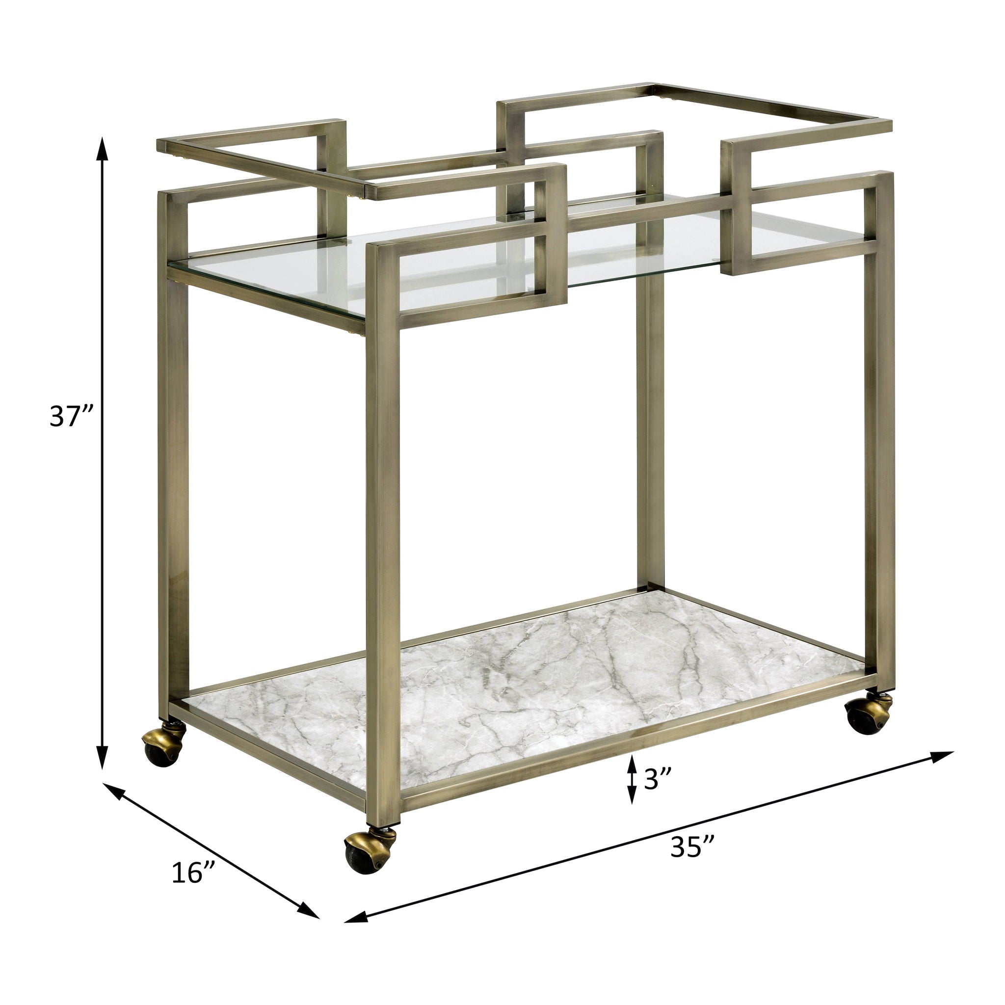 Neilo - Serving Cart - Clear Glass, Faux Marble Top & Wire Brass
