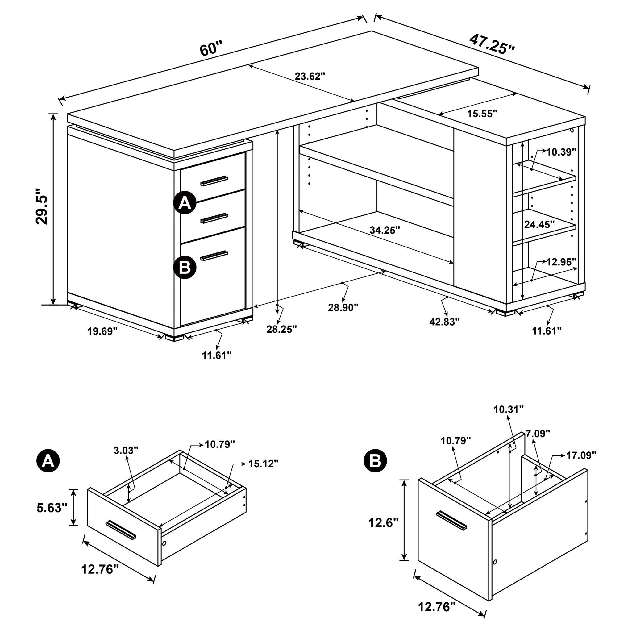 Transitional L Shape Computer Desk With Multiple Storage And Built In File Cabinet
