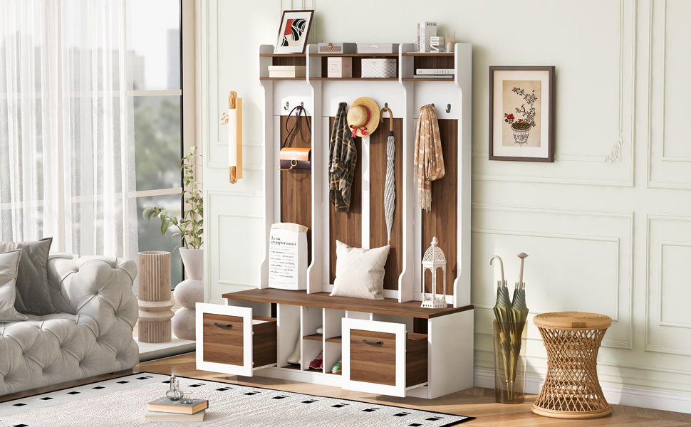 5 In 1 Entryway Bench With Coat Rack, 7 Sturdy Hooks, 2 Spacious Drawers And Adjustable Shelves