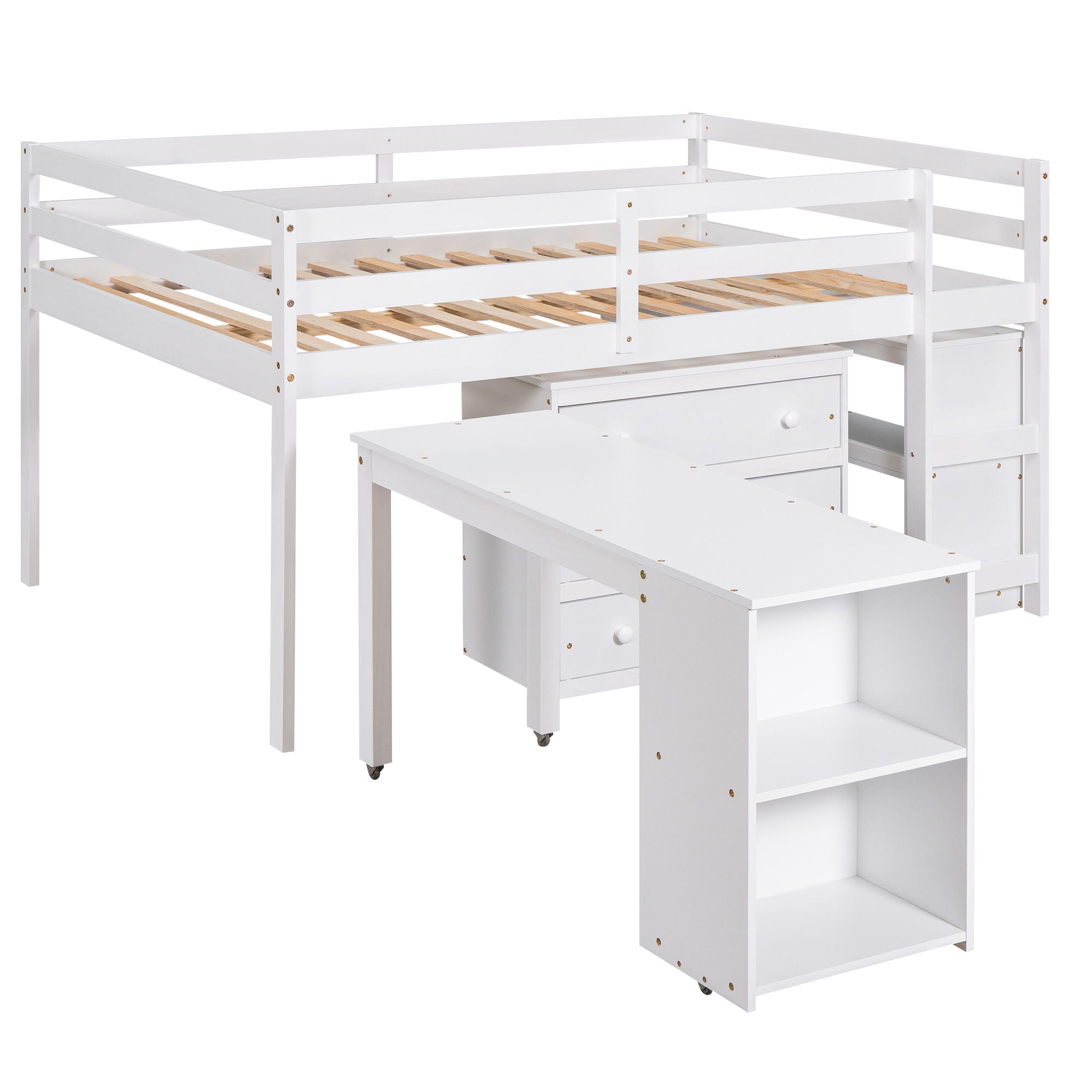 Loft Low Study Bed With Cabinet, Shelves And Rolling Portable Desk, Multiple Functions