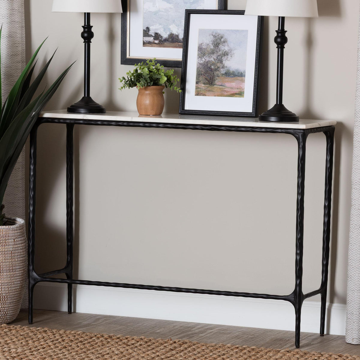 Edsel Marble Console Table - Modern Rustic Accent Table with Hand-Forged Metal Frame for Living Room or Entryway, Rectangle