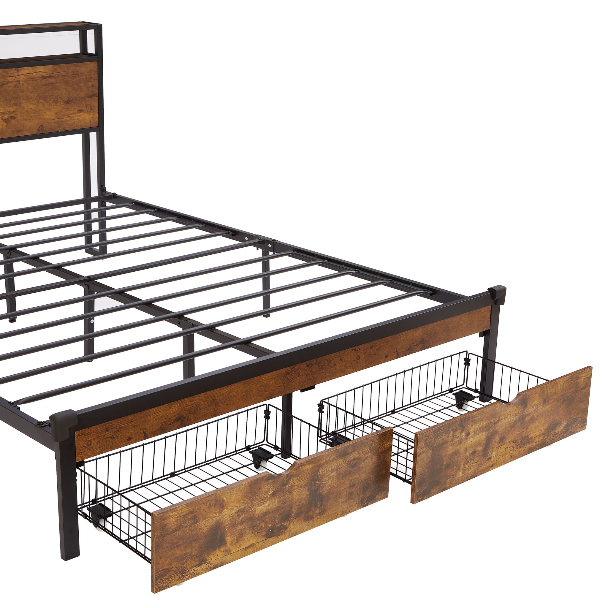 Modern Metal Platform Bed Frame With Wooden Headboard And Footboard, USB Charging Station, LED Lights, 2 Drawers