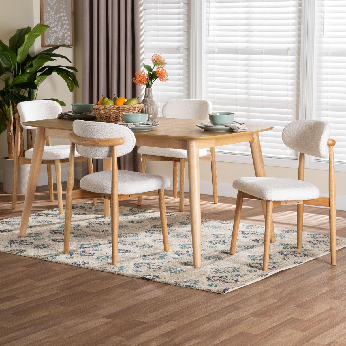 Emily 5-Piece Dining Set - Solid Wood Rectangular Table with Boucle Upholstered Chairs, Mid-Century Modern Dining Furniture for Kitchen or Dining Room, Natural and White