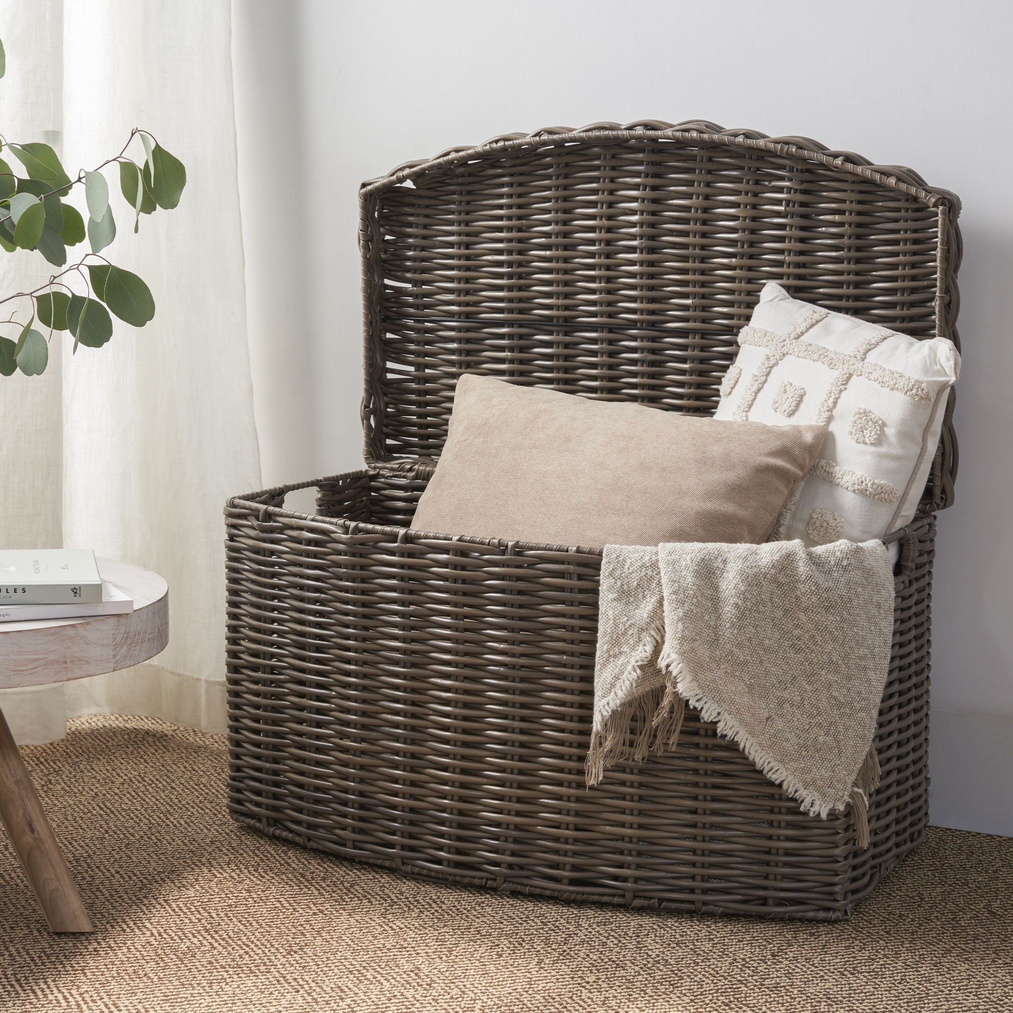 Joseph - Rectangular Curve Resin Woven Wicker Trunk With Handles Multi Purpose Storage - Walnut Brown
