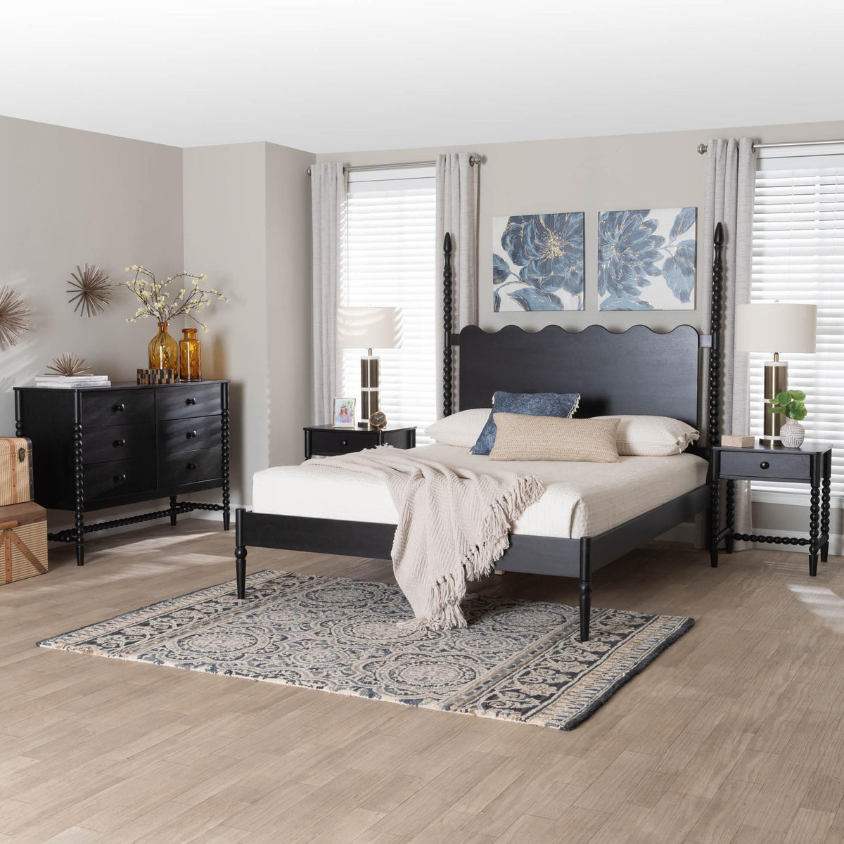 Brantley Spindle 4-Piece Bedroom Set - Farmhouse Bed Frame with Matching Dresser and 1-Drawer Nightstands, Black, Queen
