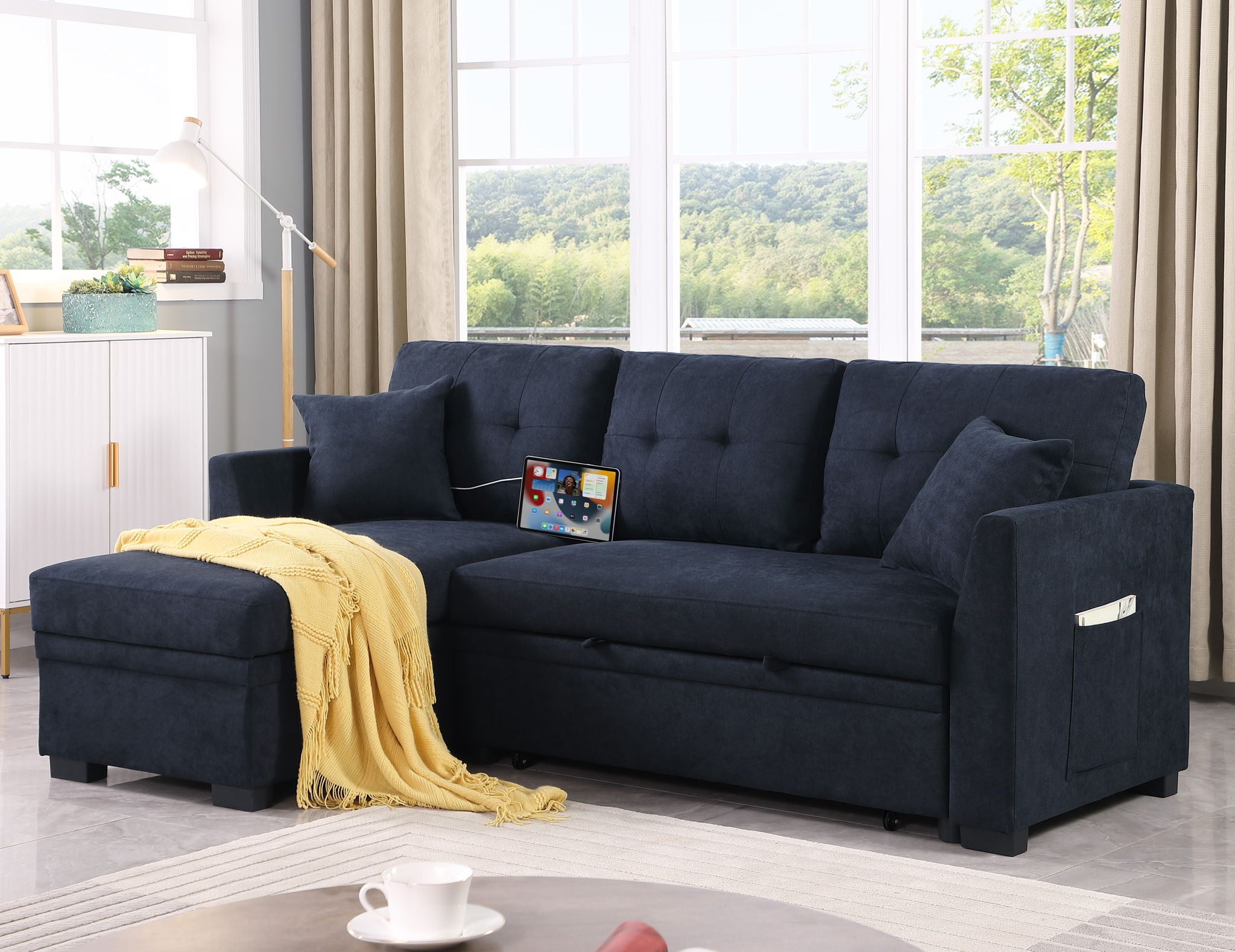 Sectional Sofa Bed L Shaped Sofa Couch Bed With USB Port, Reversible Chaise With Storage
