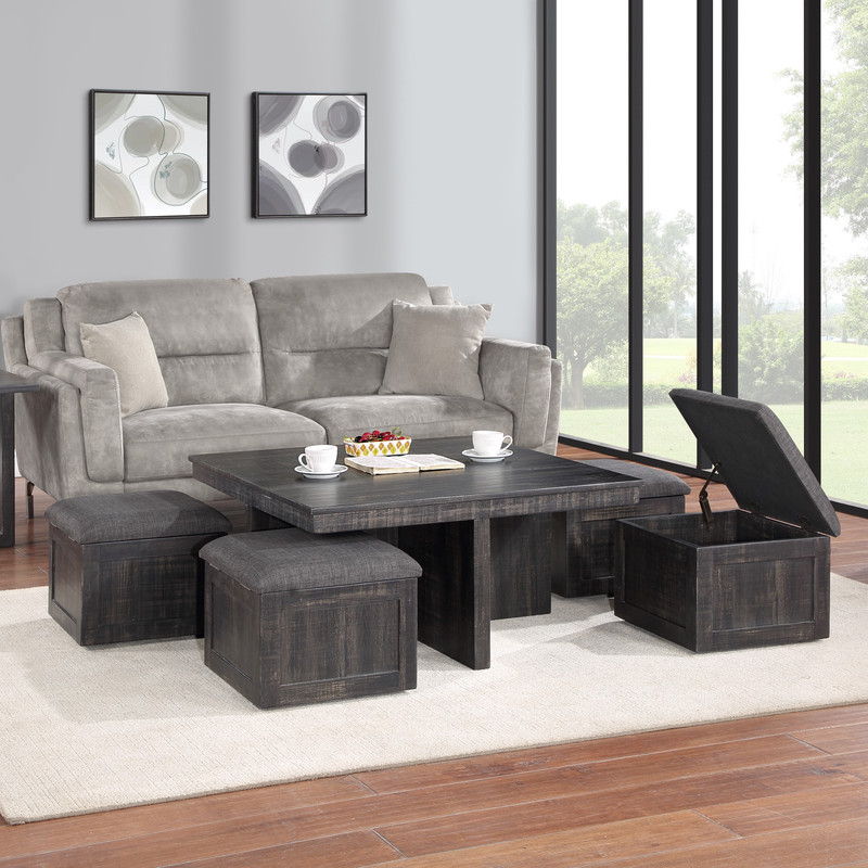 Moseberg 38"W Gray Oak Coffee Table with Storage Stools