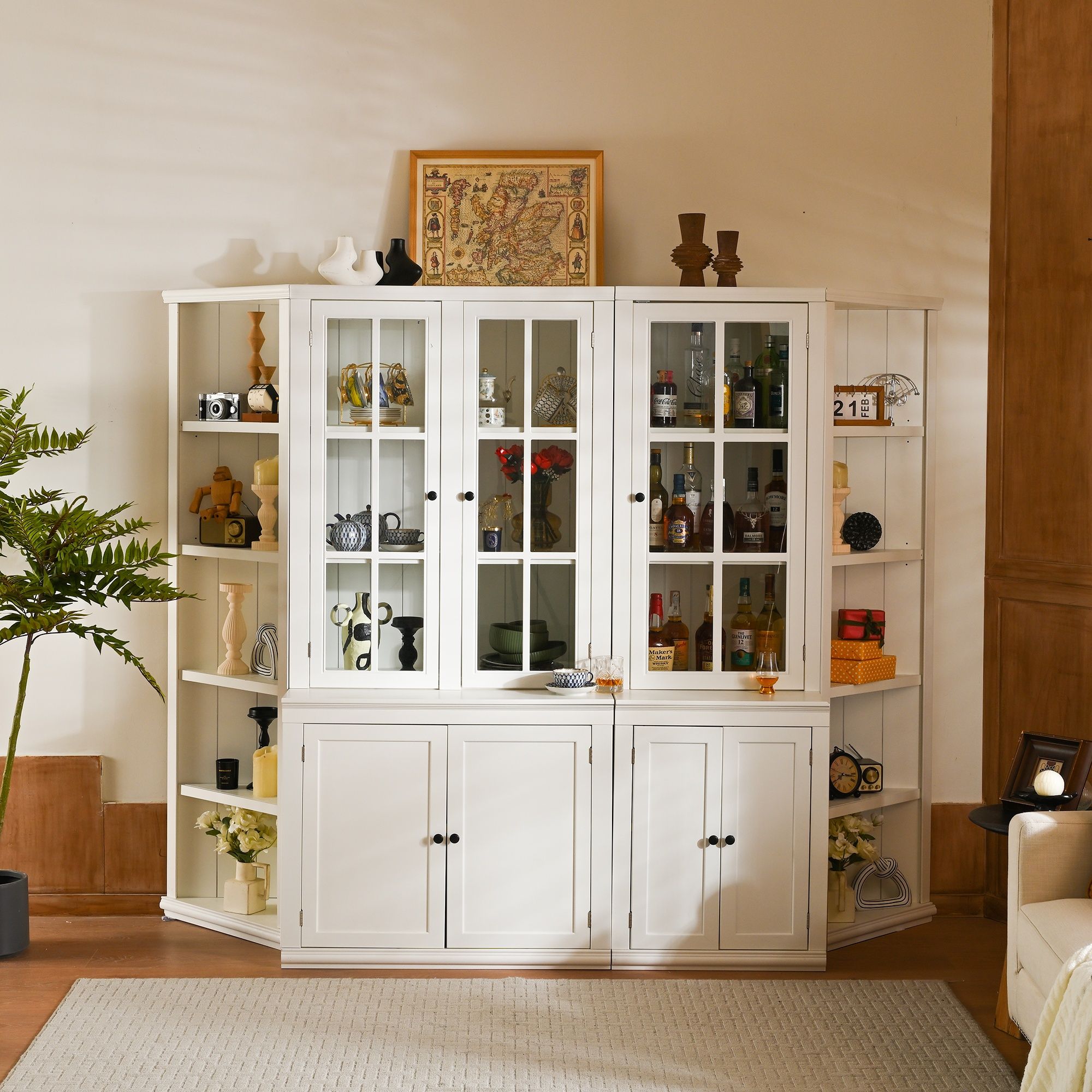 Retro Style Wall Suit With Glass Doors, 75.25" Tall Display Cabinets & Triangle Sided Bookshelves - White