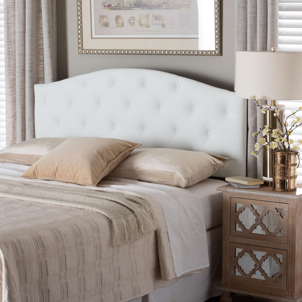 Myra Modern and Contemporary Full Size White Faux Leather Upholstered Button-tufted Scalloped Headboard