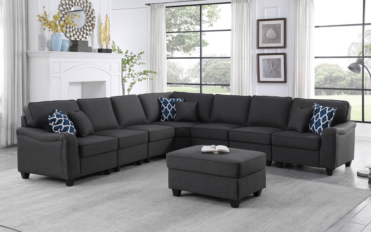 Leo 125"W Dark Gray Linen 8Pc Modular L-Shape Sectional Sofa and Ottoman