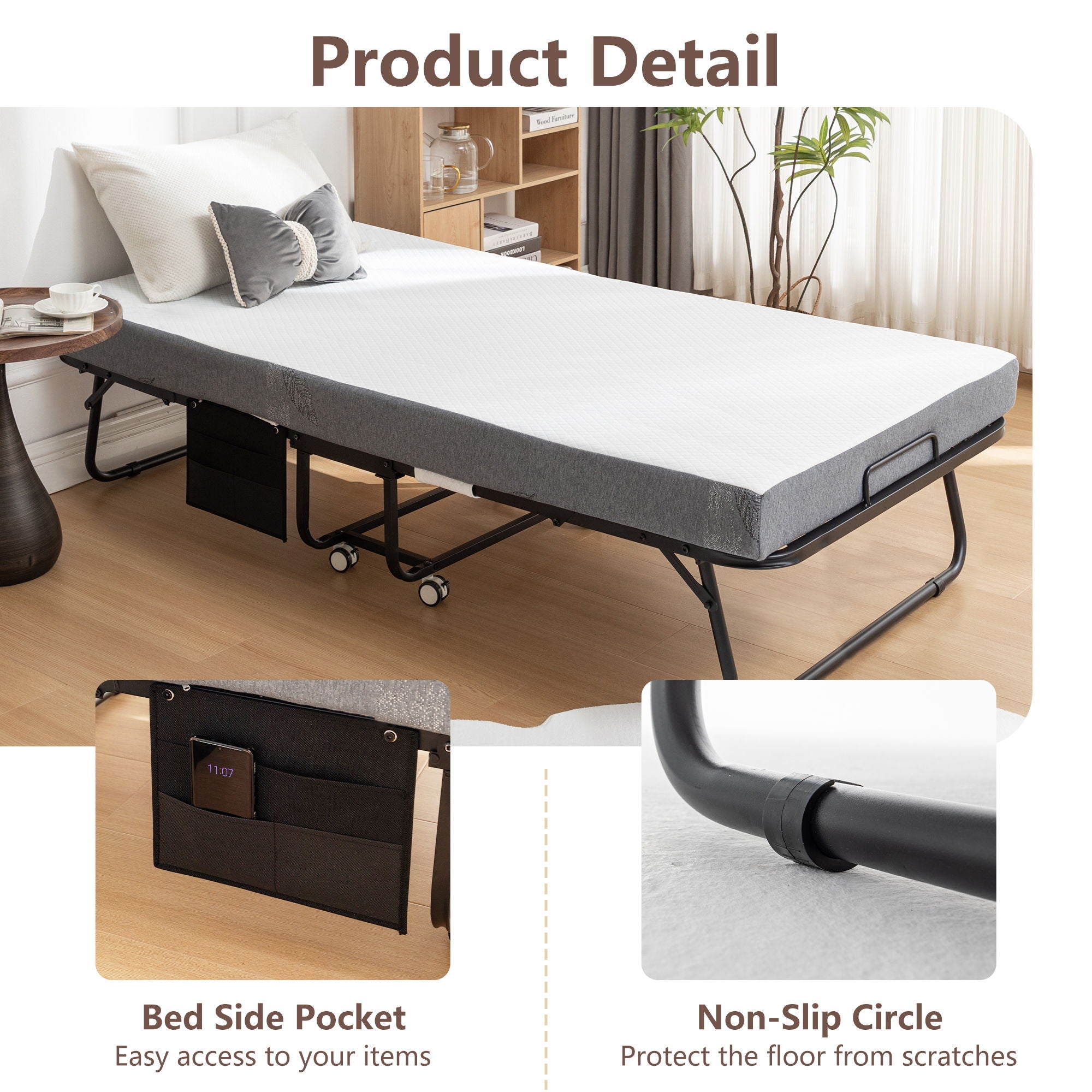 Foldable Metal Frame Bed For Guest With Memory Foam Mattress On Wheels, Saving Space Rollaway Bed