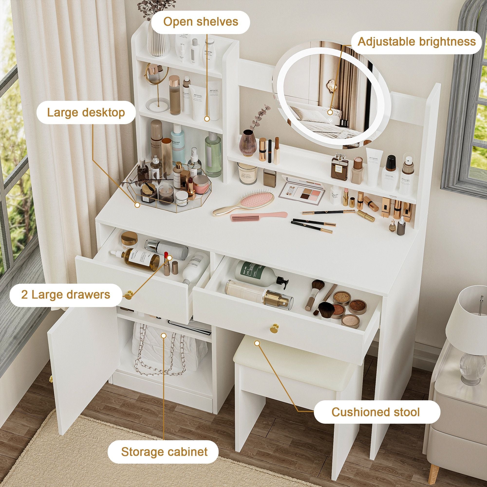 Fashion Vanity Desk With Mirror And Lights For Makeup And Cushioned Chair - White