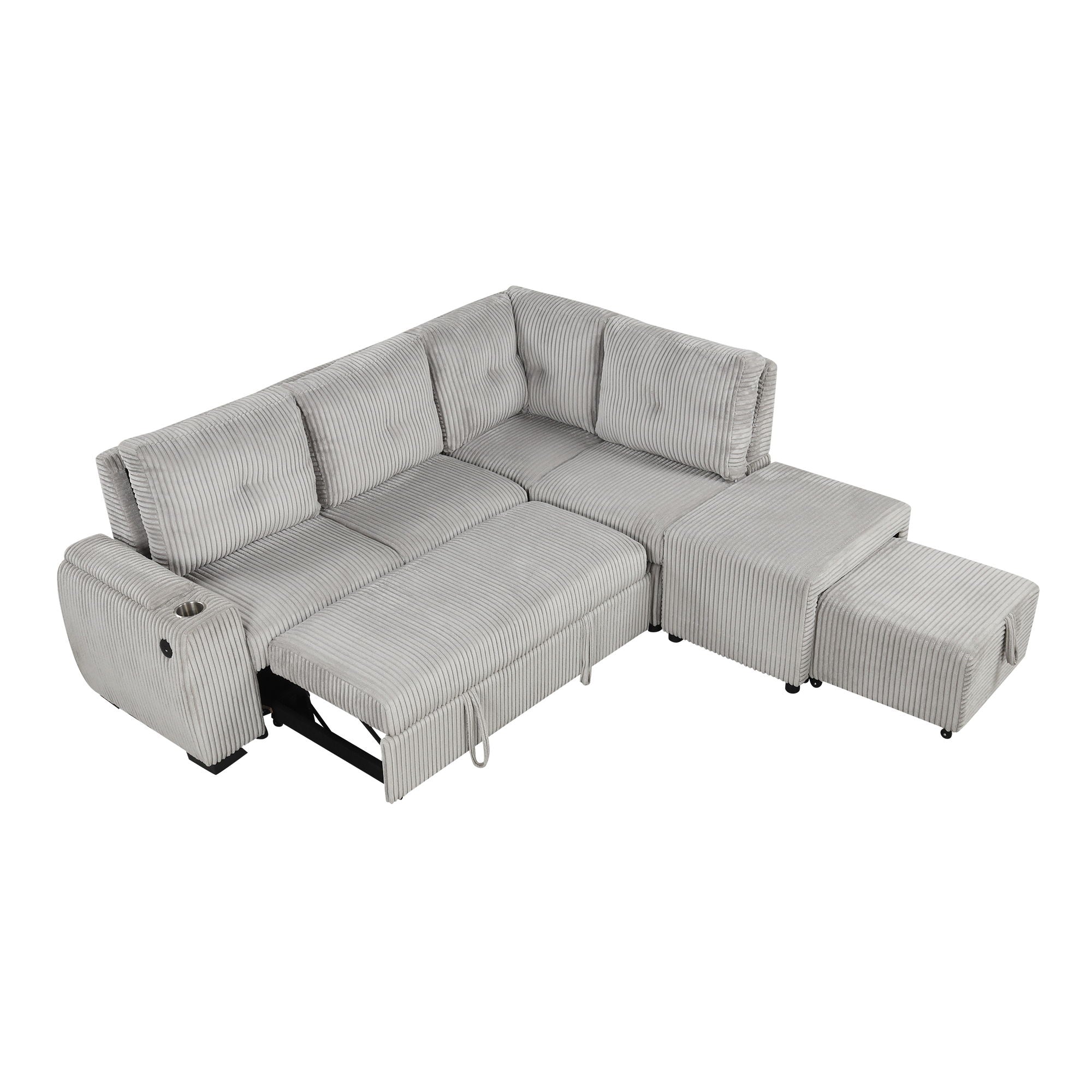 Pull-Out L-Shaped Sectional Sofa With Movable Ottoman And Stool, Large Storage Space, A Cup Holder, And 2 USB Ports For Living Room