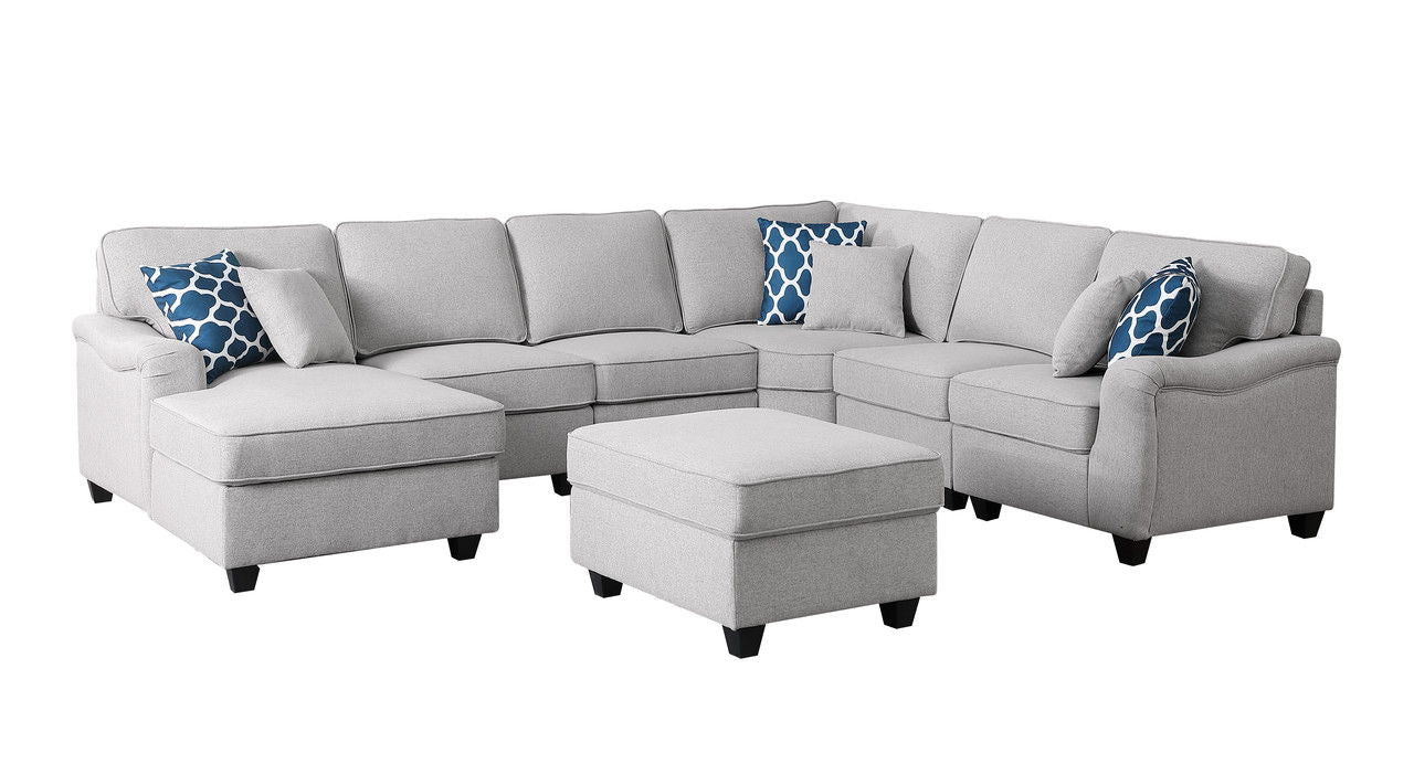Leo 125"W Light Gray Linen 7Pc Modular L-Shape Sectional Sofa Chaise and Ottoman