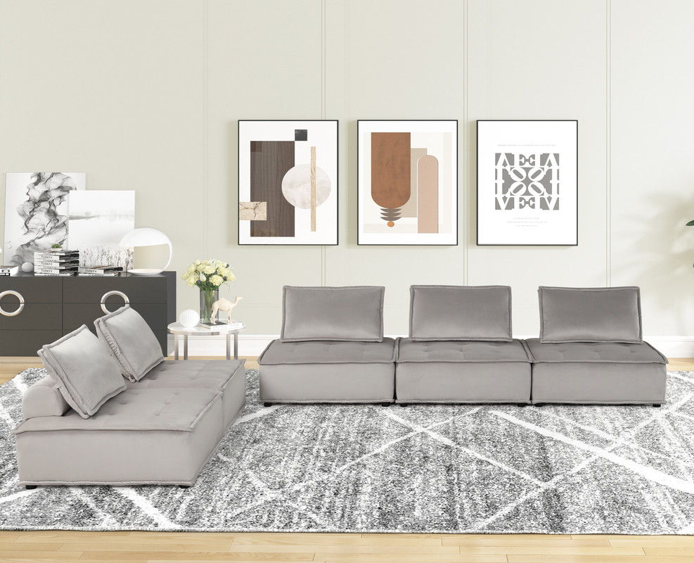 Anna 160"W Light Gray Velvet 5 Pc Sectional Sofa Ottoman