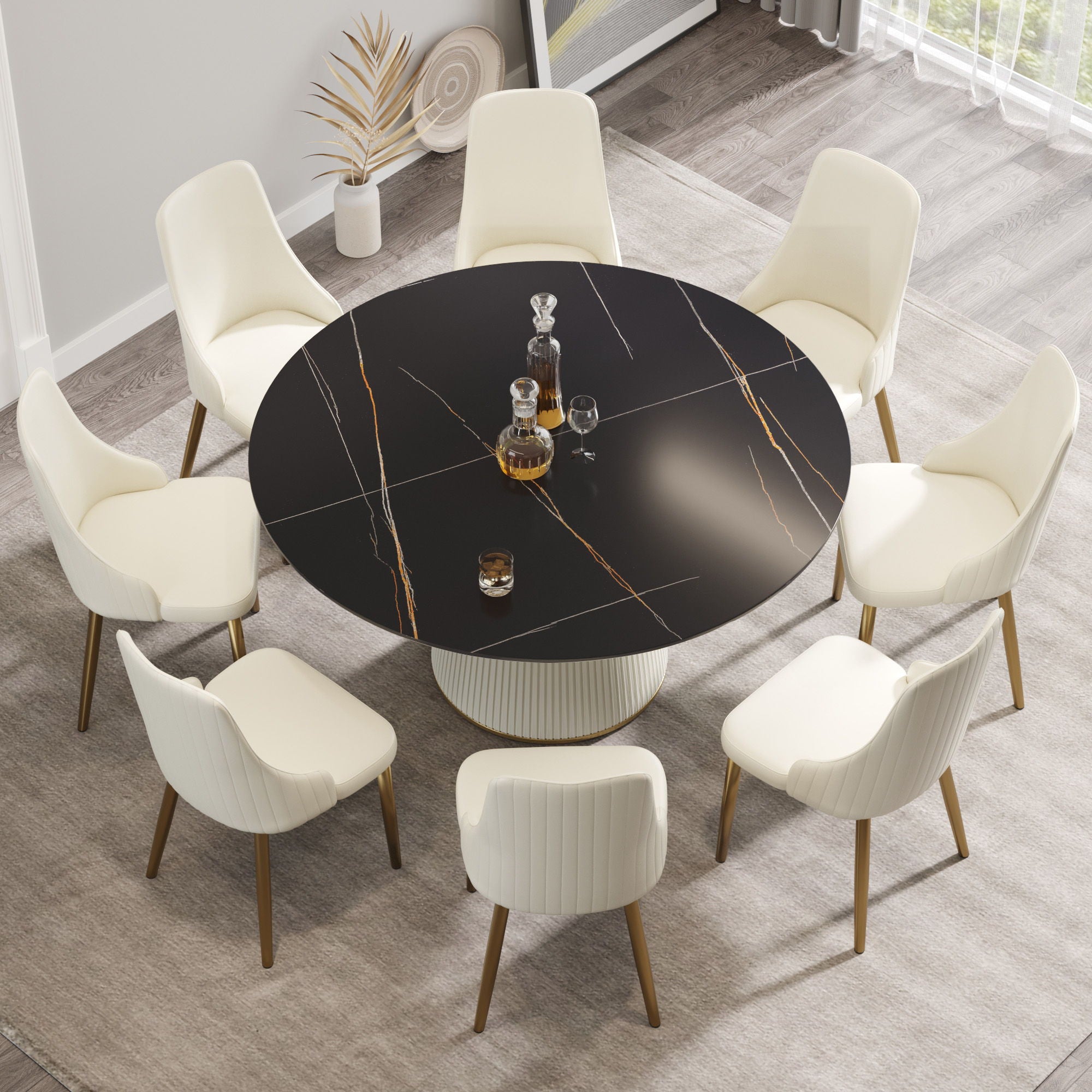 Modern Artificial Stone Round Plywood Base Dining Table, Can Accommodate 8 People, (Not Including Chairs) - Black / Beige