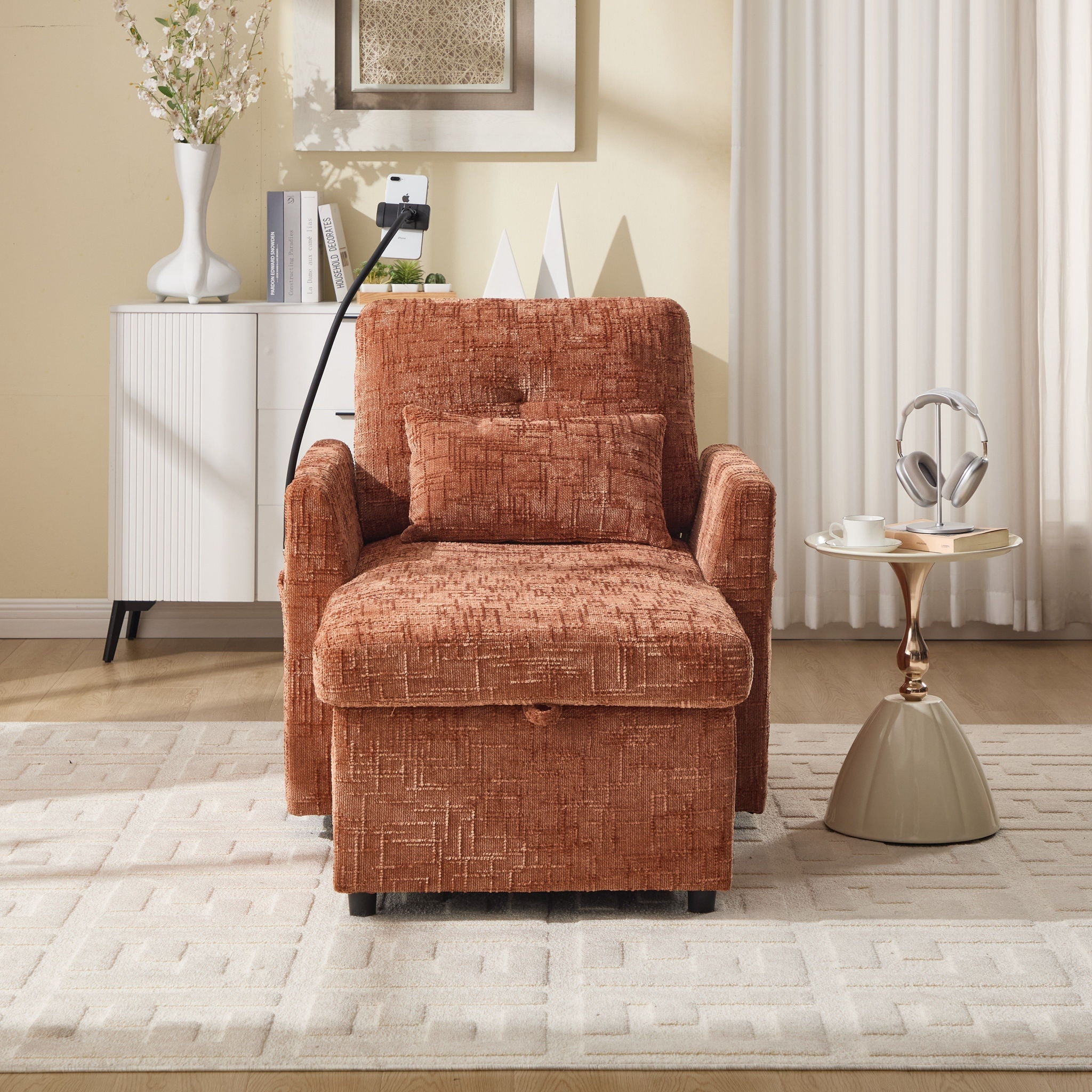 Multifunctional Chenille Recliner Sofa With Storage And Phone Bracket