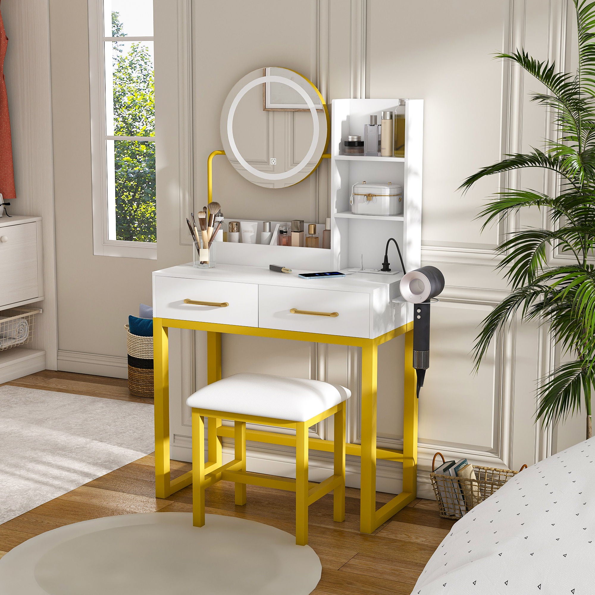 Makeup Vanity Table With LED Lights, 3 Color Options, Power Outlet