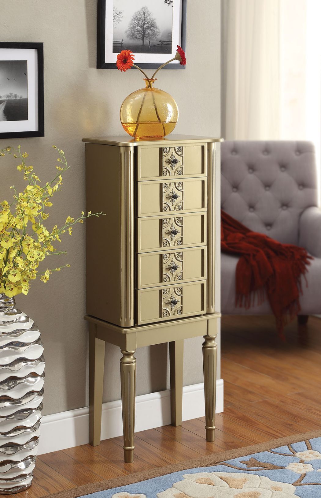 ACME KD Leg, 4 Drw • Top: Lid w/Mirror, Jewelry Storage & Cord mgmt: PreCut Hole (Velvet Lined) • Side Doors w/Jewelry Storage (Hooks/Velvet Lined) • Drawer: GLIDE Side Wood, Felt-Lined Drawers • Wooden Fluted/Tapered Legs ••• Anti-Tipping Strap Included