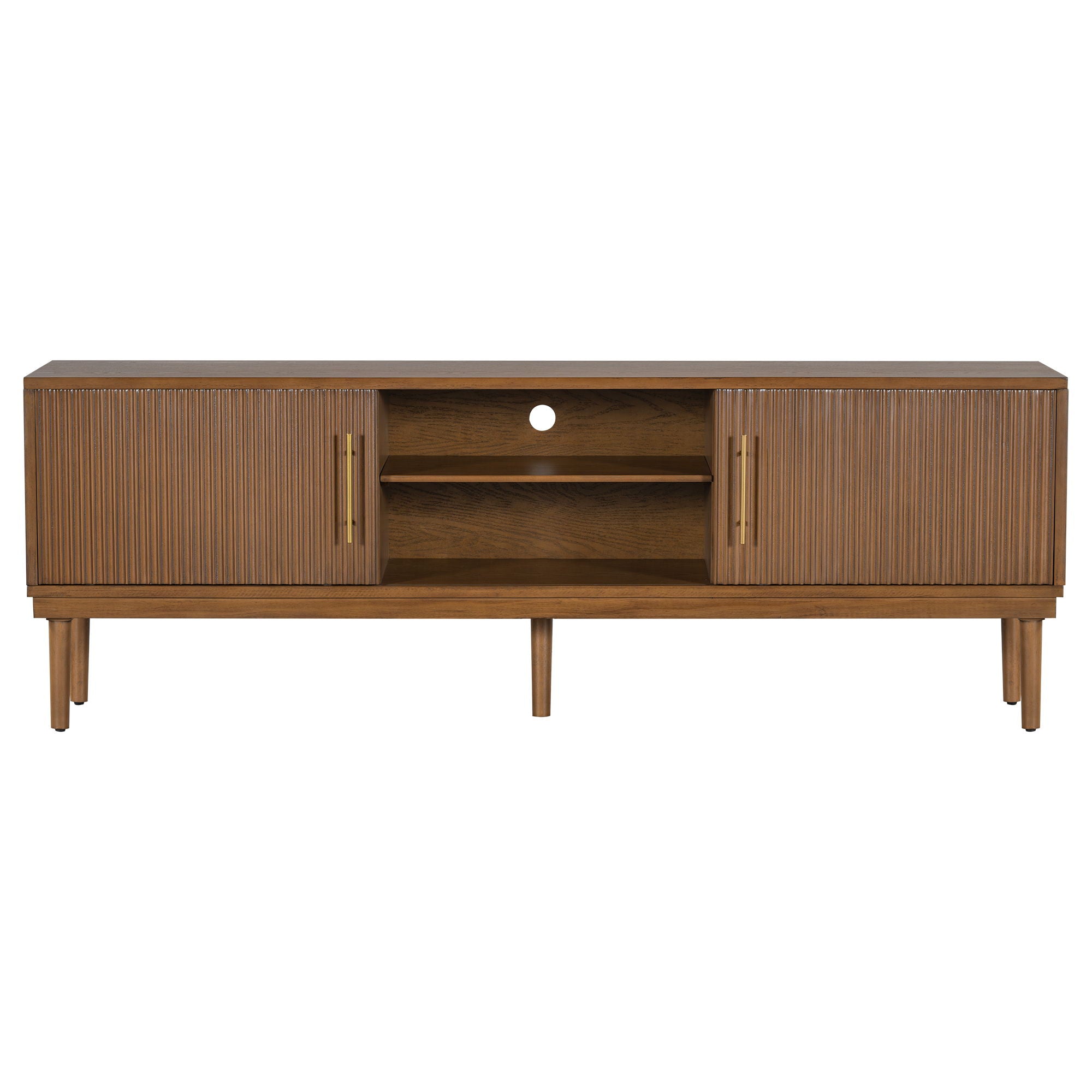 TV Stand With Vertical Slatted Doors And Sliding Panels, Solid Wood Legs - Brown