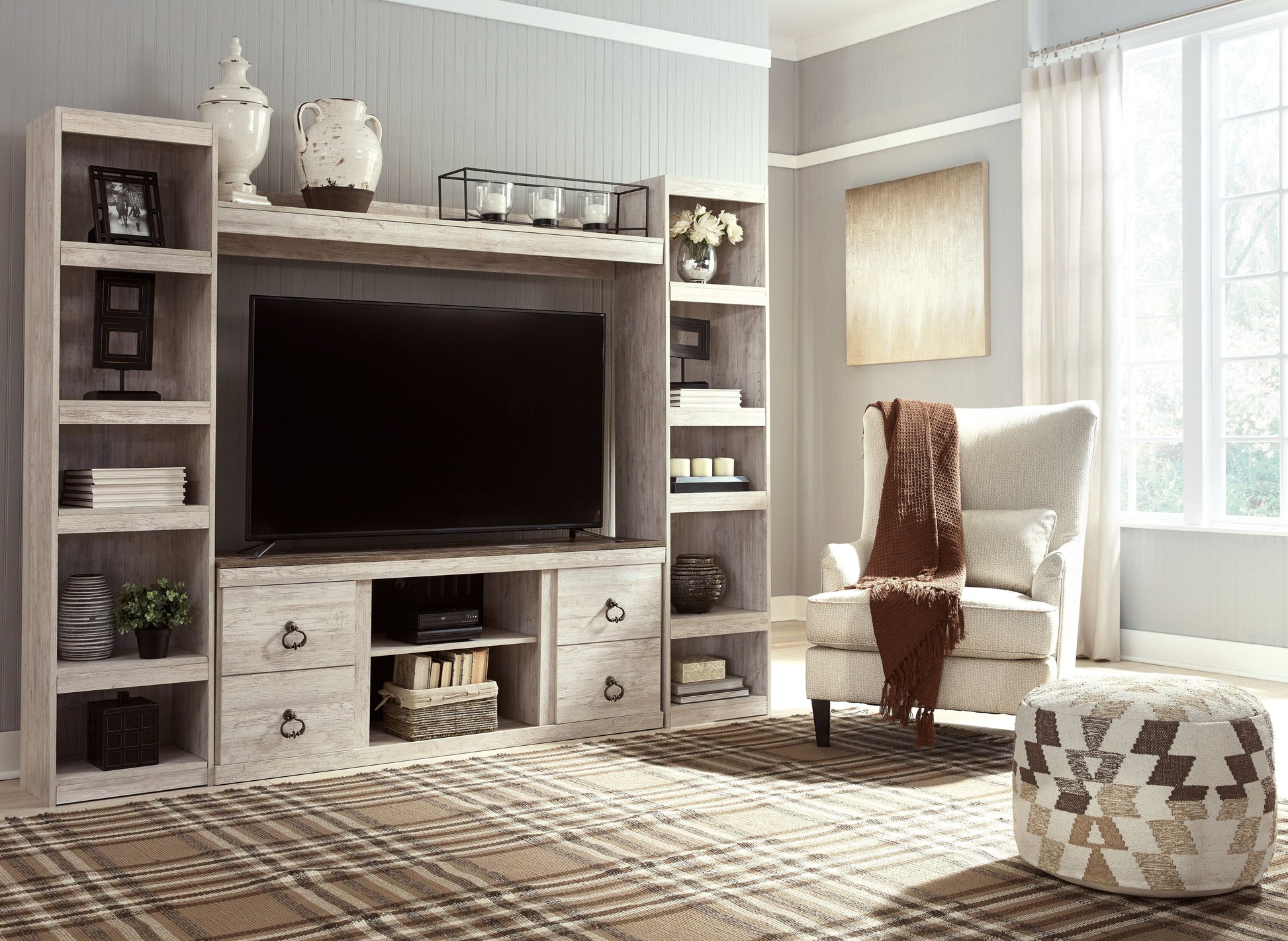 Signature Design by Ashley® Willowton - Whitewash - 4-Piece Entertainment Center | Meri Furniture