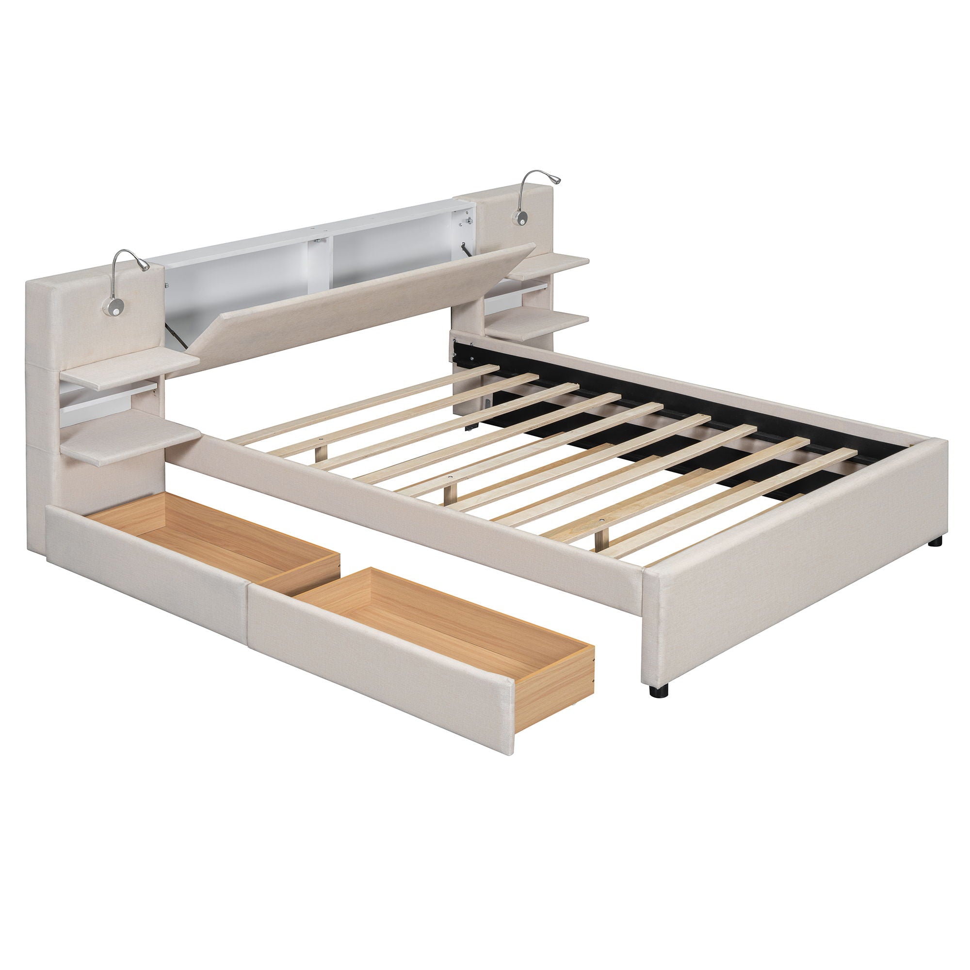 Upholstered Platform Bed With Reading Lights, Drawers, Trundle And Shelves