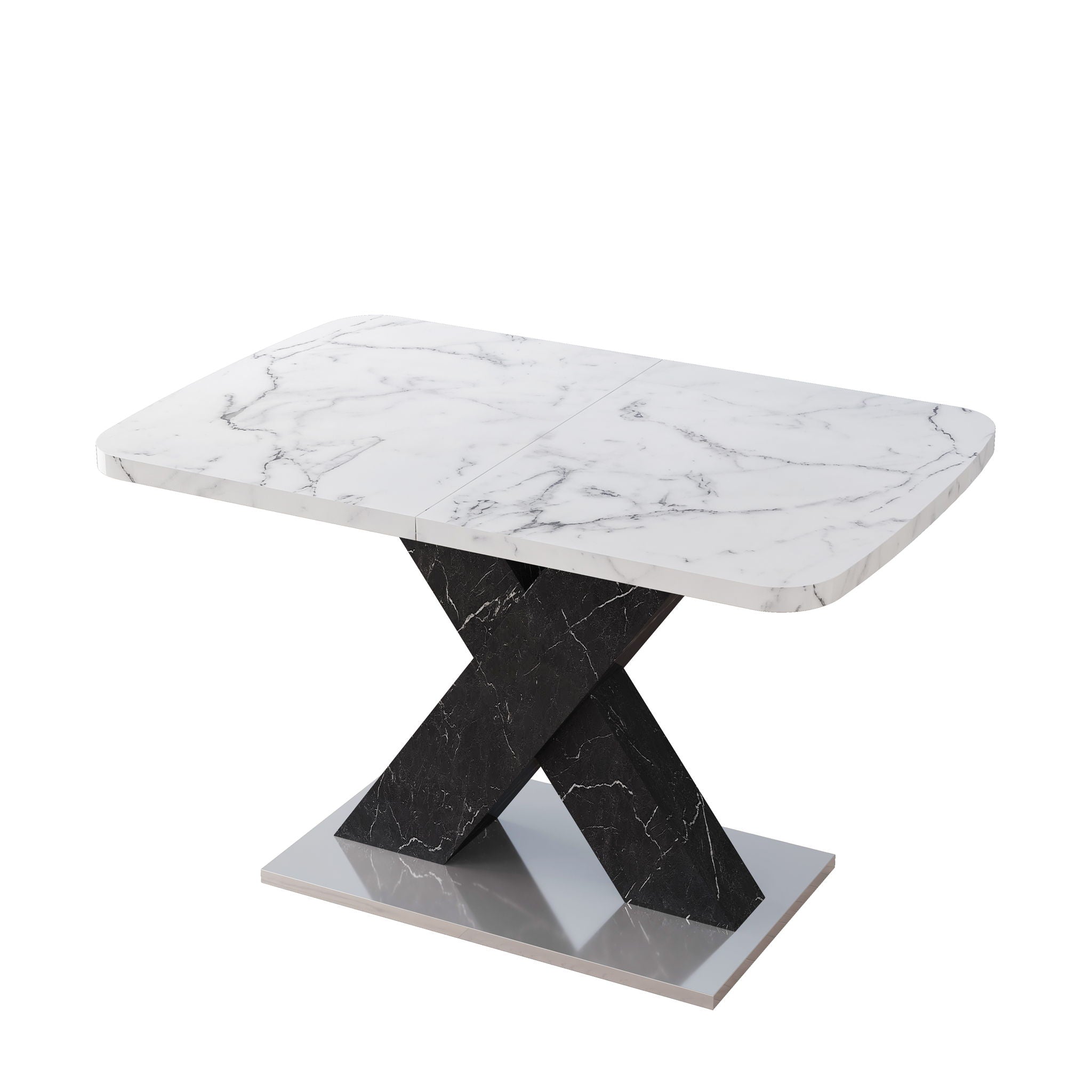 Rectangle Dining Table With Stretchable Top, X Shape Mdf Legs With Steel Base - White / Black
