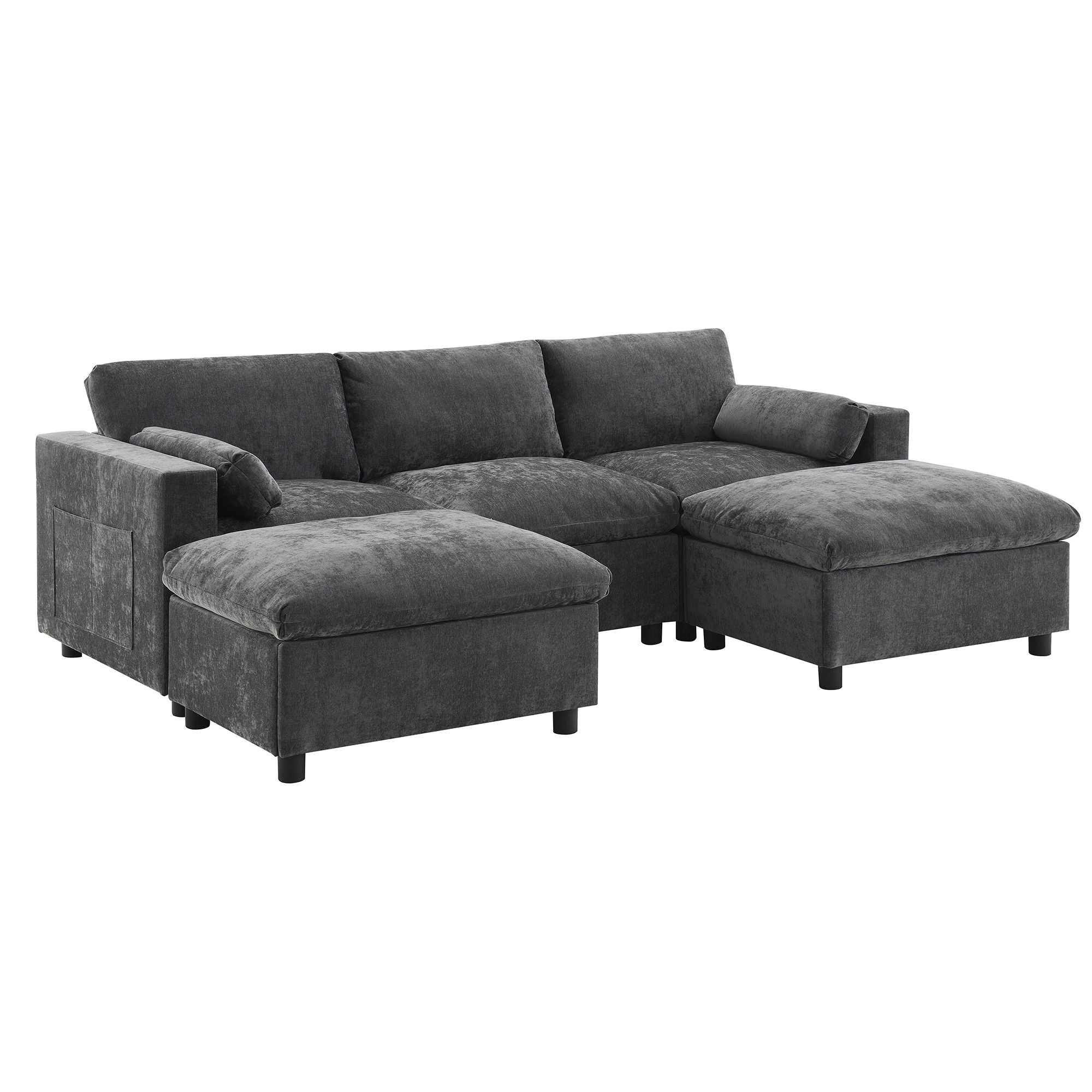 Modular Sectional With Storage Pockets, 5 Seat U Shaped Couch Set With Pillows, Free Combination Modern Cloud Sofa With 2 Movable Ottoman