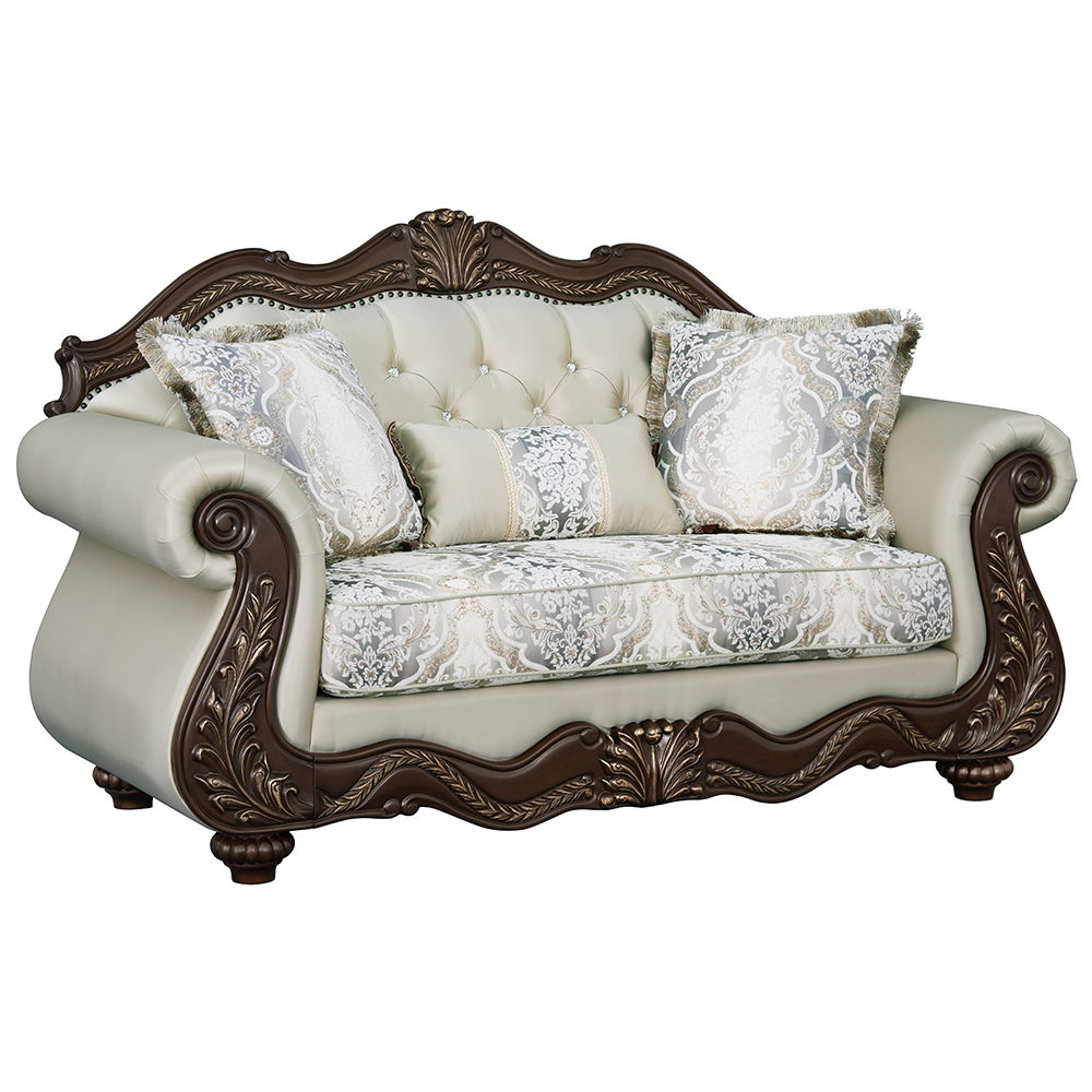 ACME Pierce - Loveseat With 3 Pillows - Beige Fabric & Cherry Finish | Meri Furniture