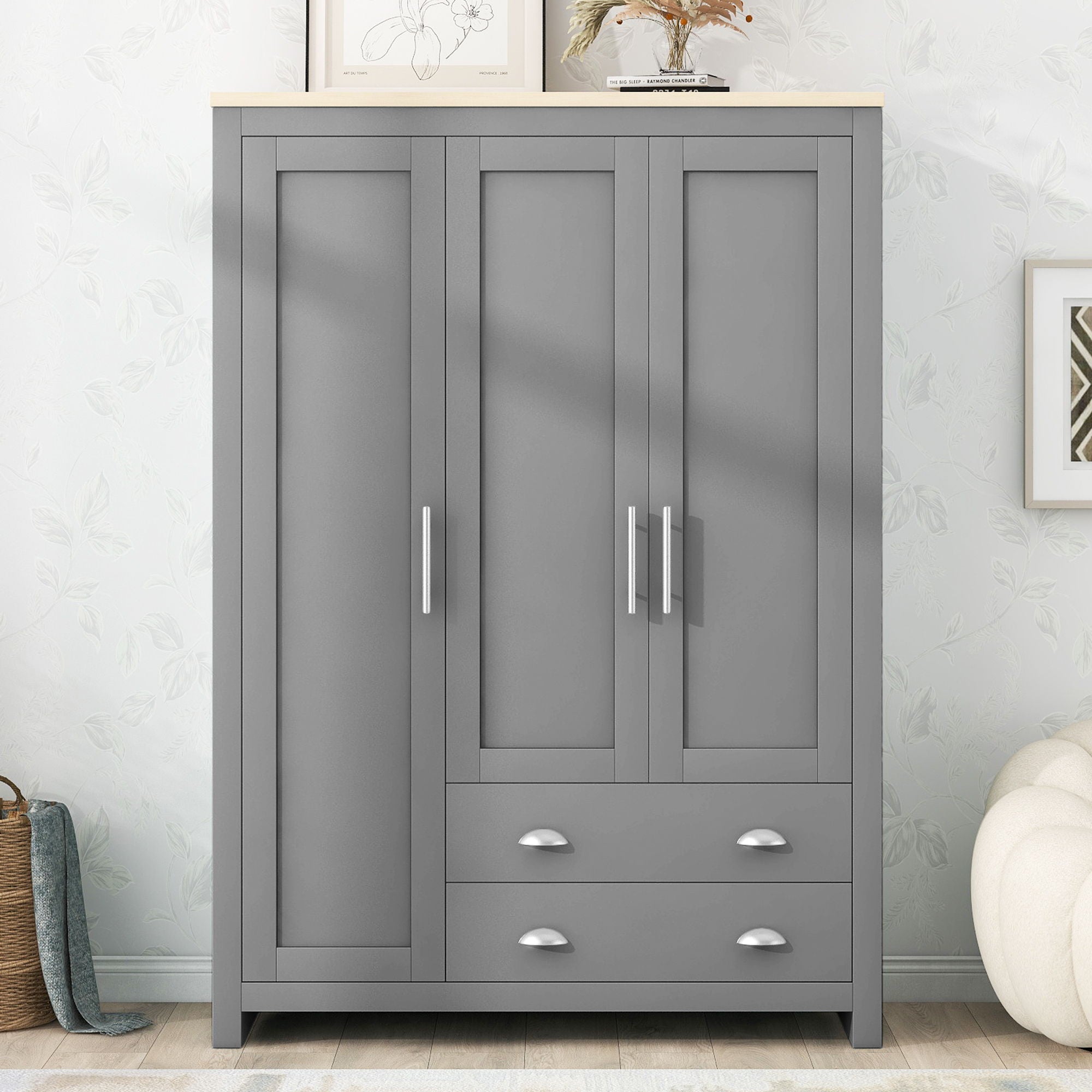 3 Door Storage Wardrobe With Cabinets And 2 Hanging Rods - Gray
