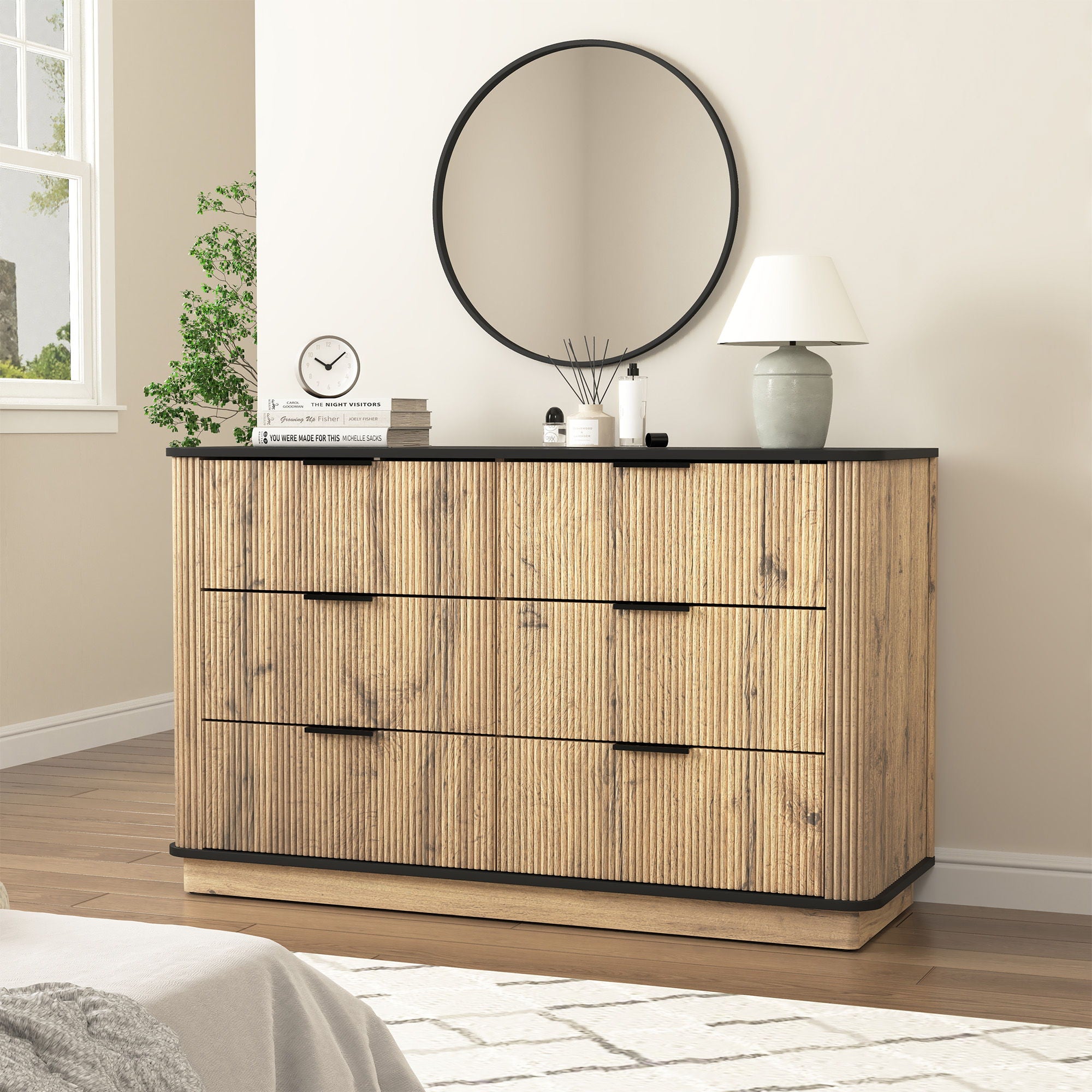 Modern 6 Drawer Cabinet With Metal Rounded Corners And Exquisite Handles Multi Functional Storage - Natural Wood