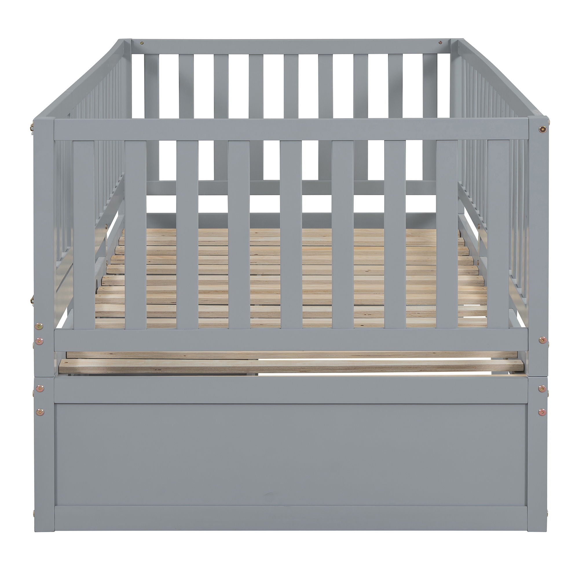 Daybed With Fence Guardrails And 2 Drawers, Split Into Independent Floor Bed & Daybed
